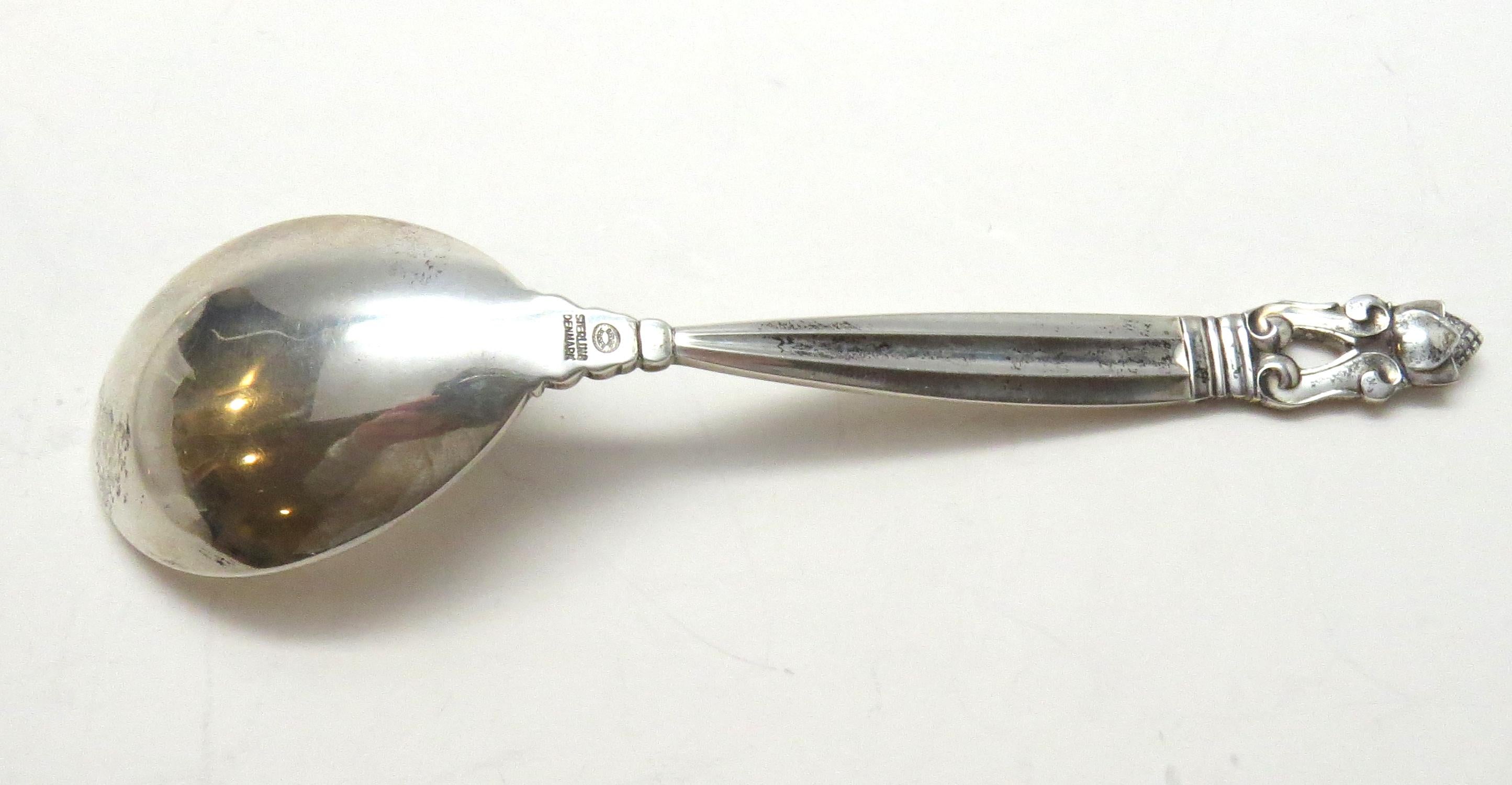 Danish Georg Jensen Denmark Acorn Sterling Silver Curved Handle Jam Spoon