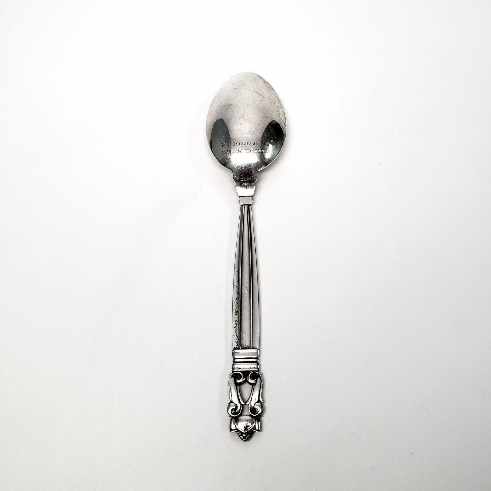 Georg Jensen Denmark Acorn Sterling Silver Large Teaspoon with Engraving 1