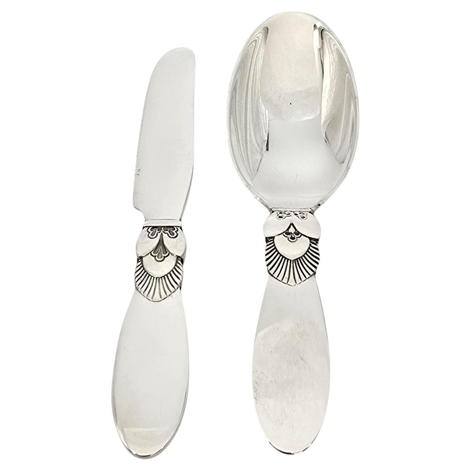 Georg Jensen Denmark Cactus Sterling Silver Baby Spoon & Knife Set #21584