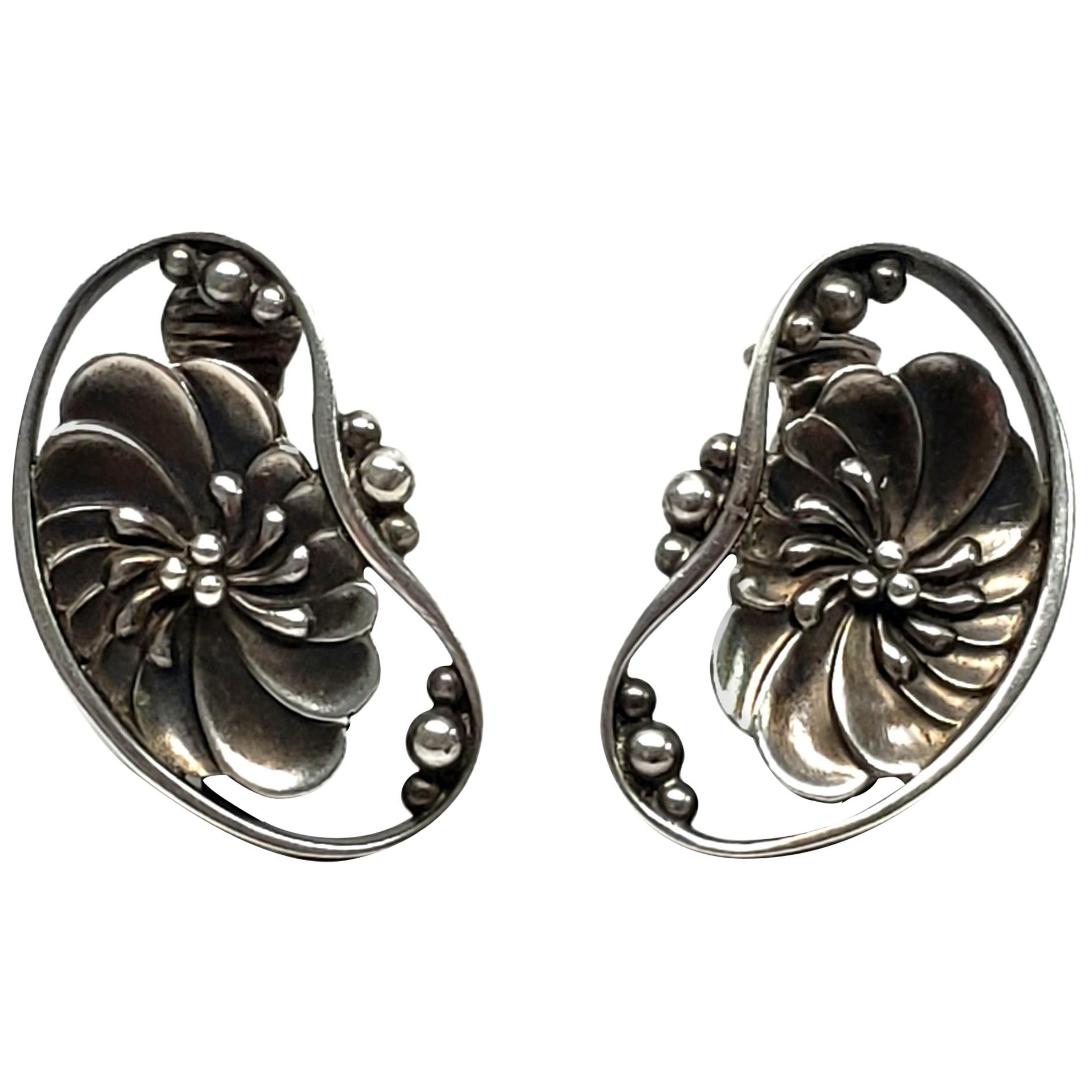Georg Jensen Denmark Sterling Silver #52 Flower Bean Clip-On Earrings
