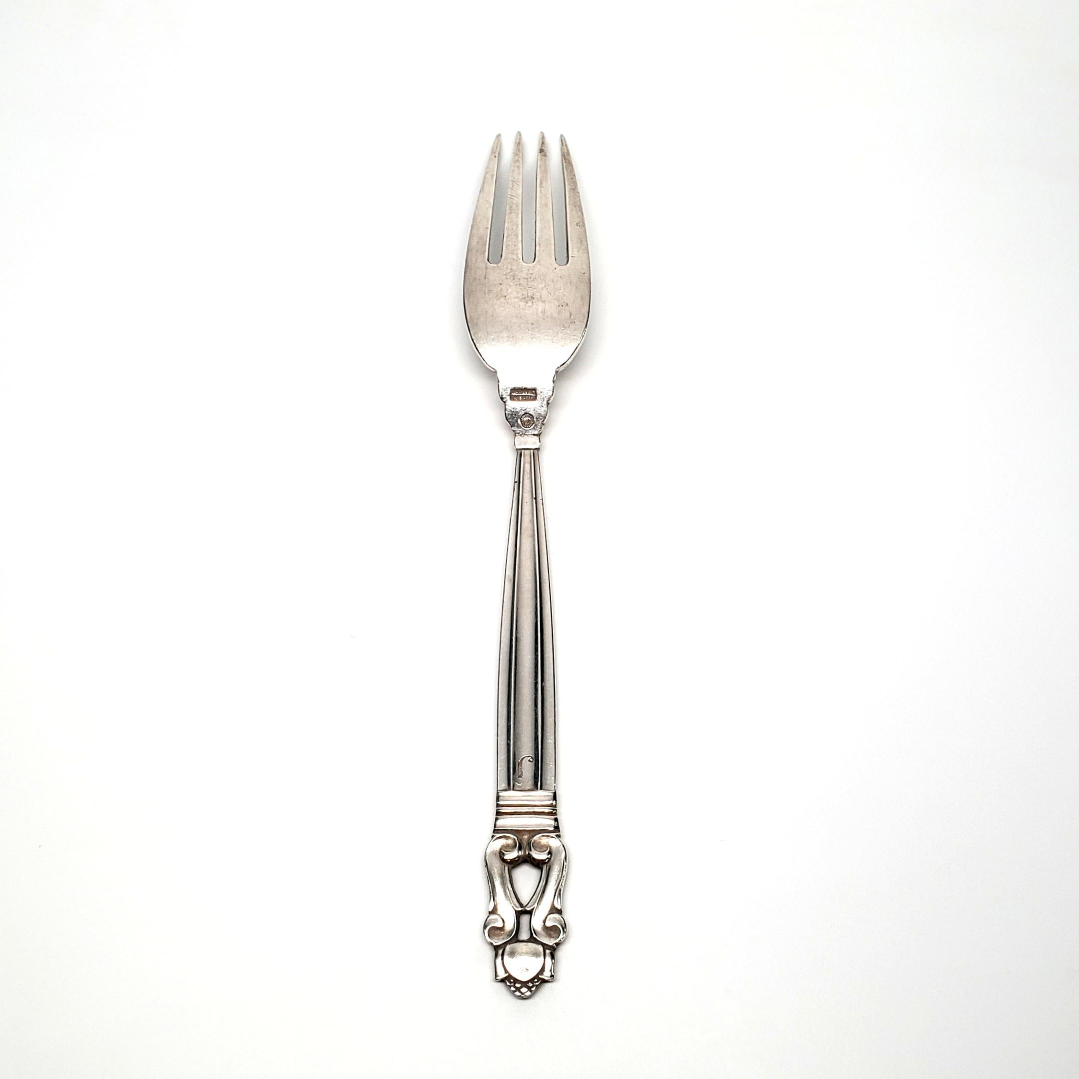 Vintage sterling silver European fork from Georg Jensen in the Acorn pattern.

The Acorn pattern was introduced in 1915 as a collaboration between Georg Jensen and designer Johan Ronde. The Acorn pattern, which combines Art Nouveau and Art Deco