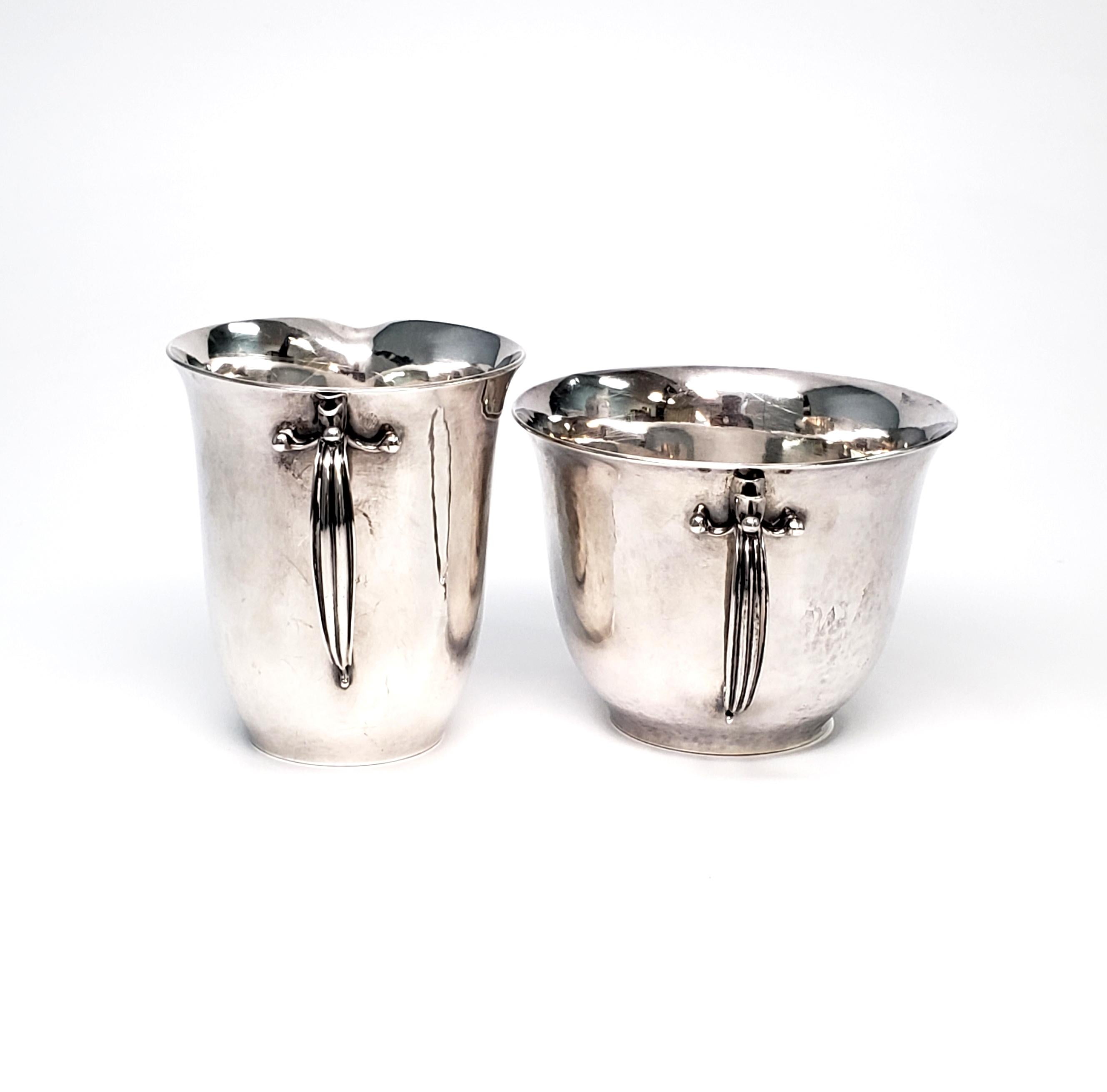 Vintage Georg Jensen sterling silver open creamer and sugar bowl set #456D, designed by Harald Nielsen (1892-1977) for Georg Jensen.

Designed by Harald Nielsen, one of Georg Jensen's original collaborators, these pieces feature a lightly hammered