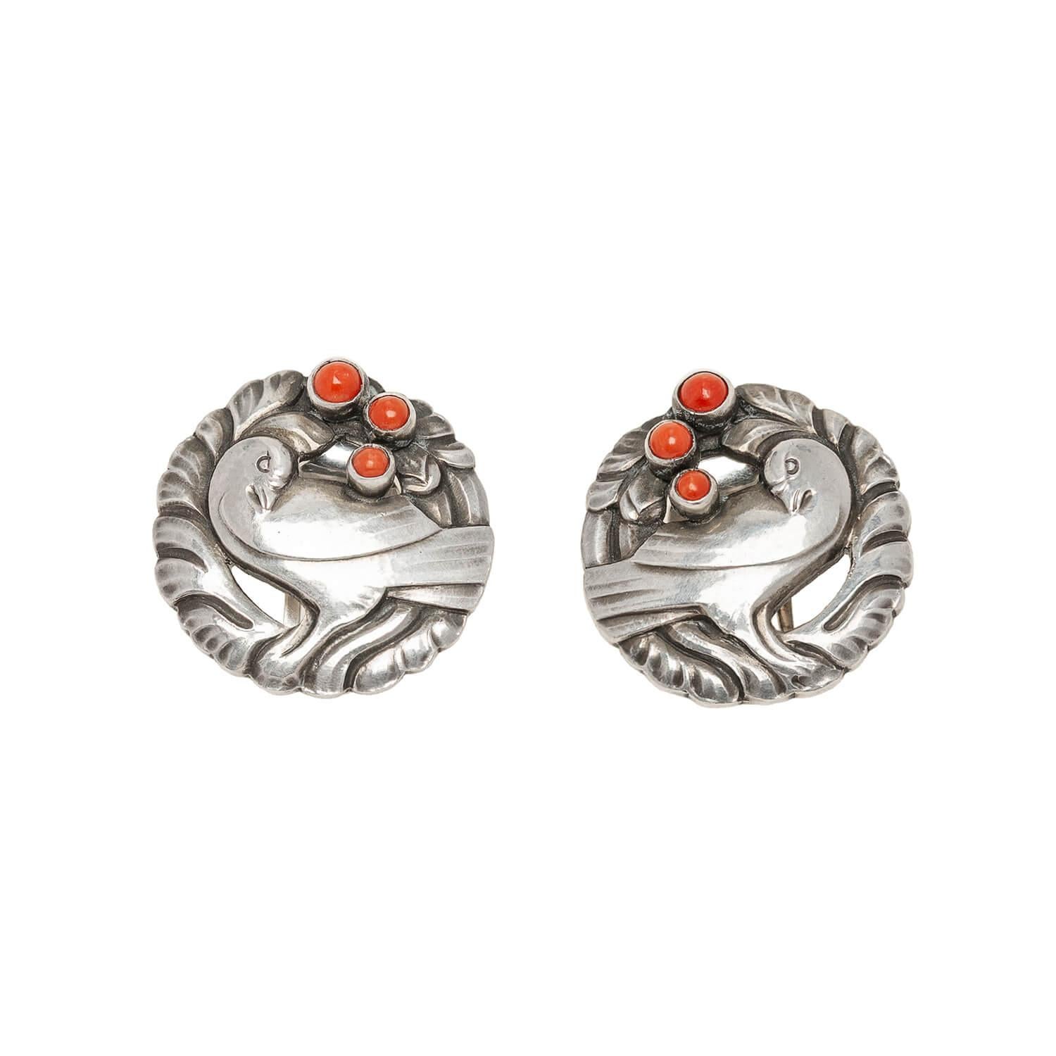 Georg Jensen Denmark Vintage Sterling + Coral Dove Set For Sale 7