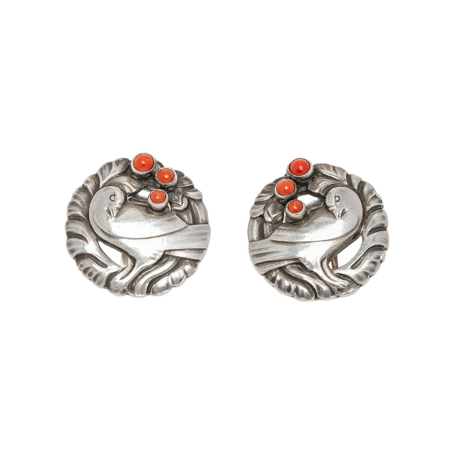 Georg Jensen Denmark Vintage Sterling + Coral Dove Set For Sale 9