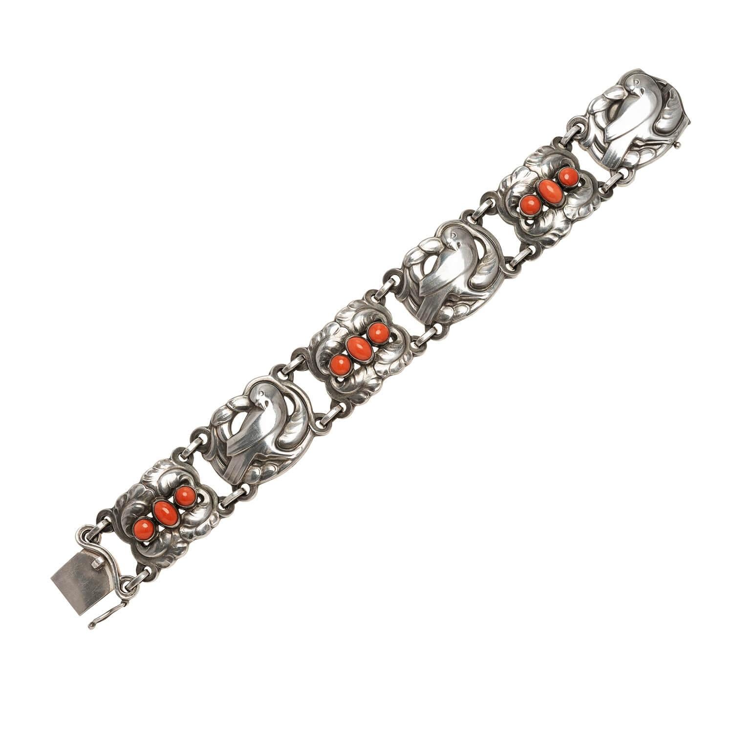 Georg Jensen Denmark Vintage Sterling + Coral Dove Set For Sale 1