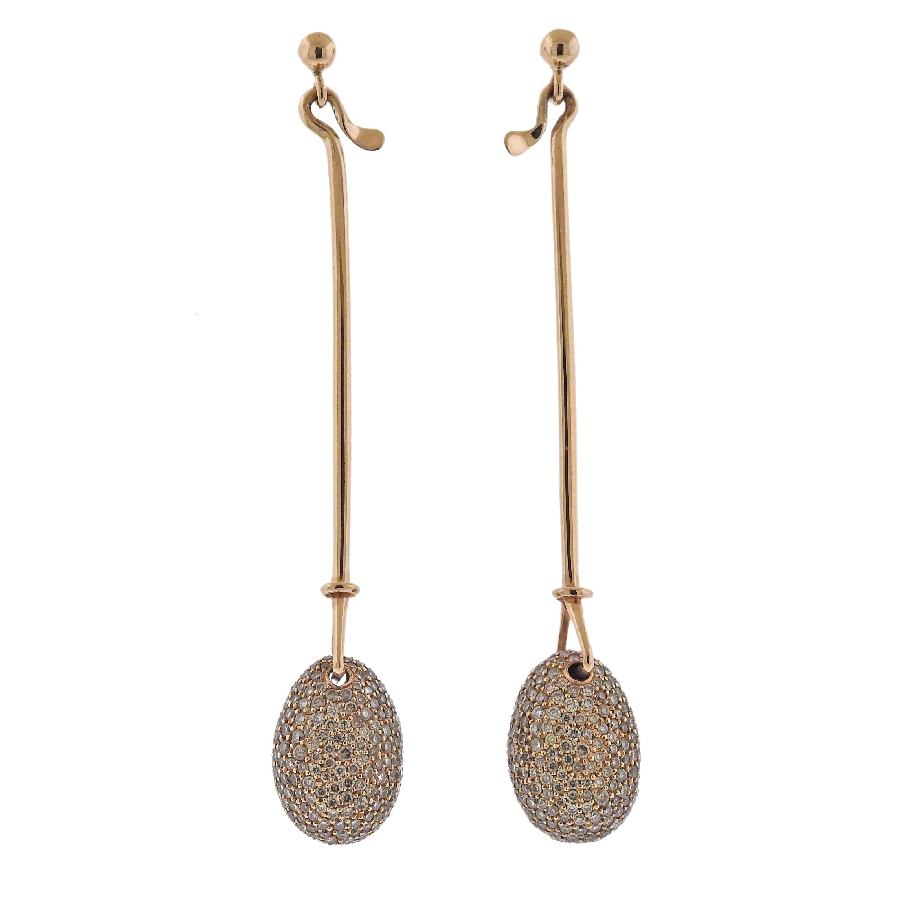 Brand new Georg Jensen 18k rose gold Dew Drop earrings, with approx. 1.30ctw cinnamon fancy/VS diamonds. Earrings are 43mm long. Model # 3518423. Marked: GJ mark, 750. Weight - 5.1 grams.