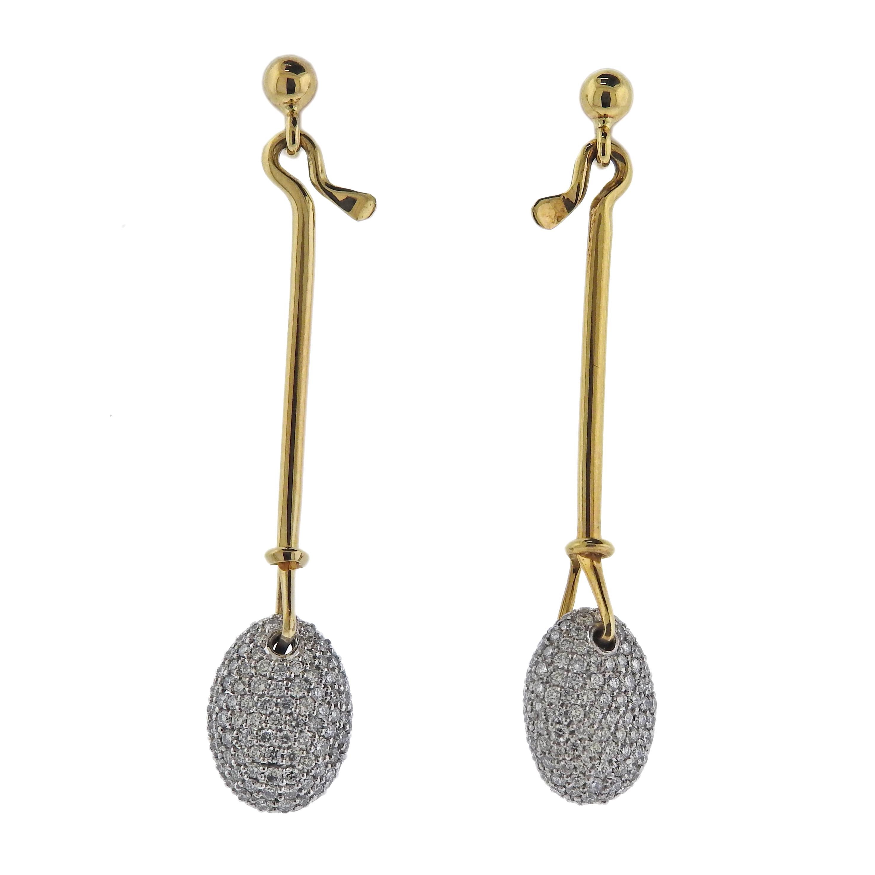 Brand new Georg Jensen 18k yellow gold Dew Drop earrings, with approx. 1.30ctw G/VS diamonds. Earrings are 43mm long. Model # 3518422. Marked: GJ mark, 750. Weight - 5.5 grams.