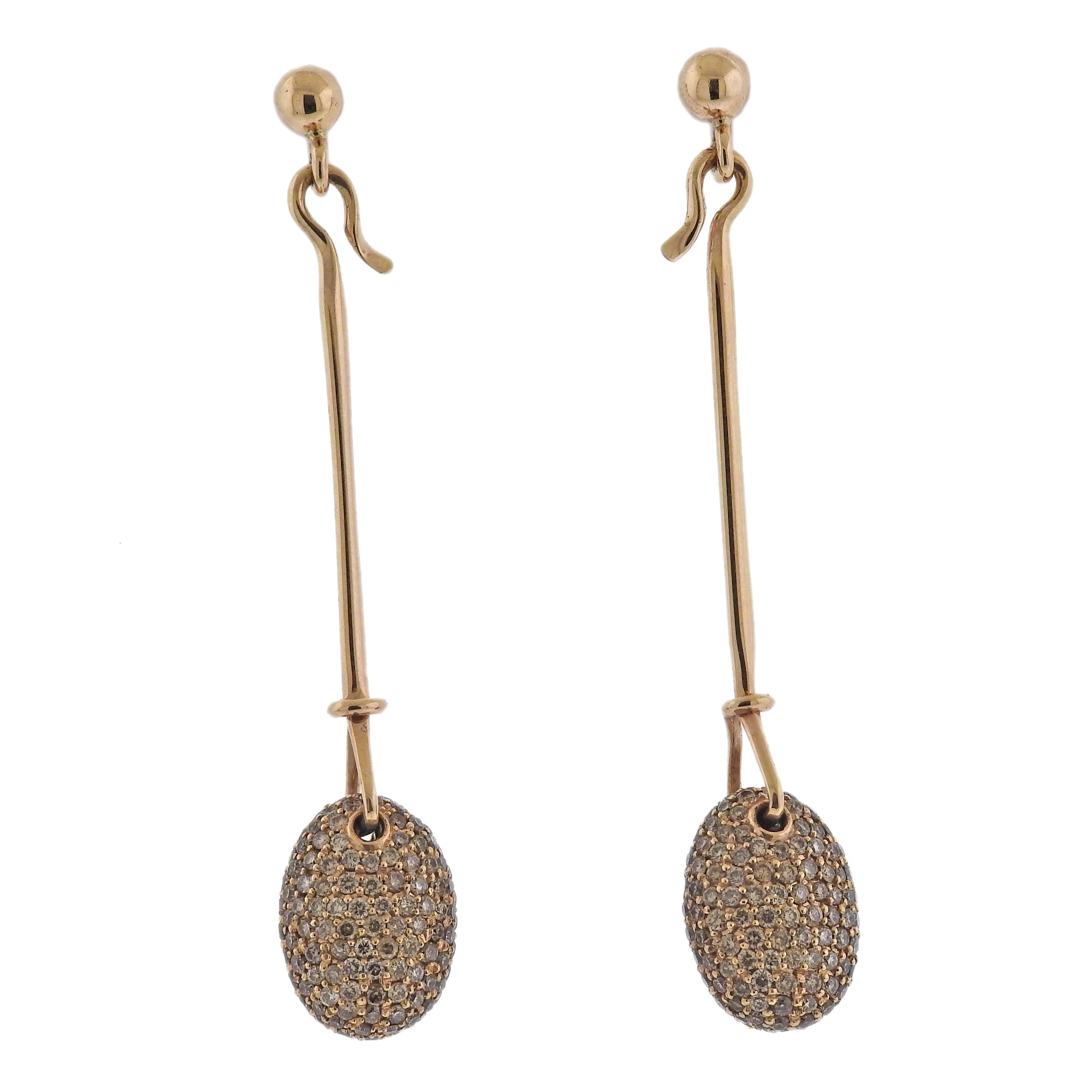 Brand new Georg Jensen 18k rose gold Dew Drop earrings, with approx. 2.37ctw cinnamon fancy/VS diamonds. Earrings are 60mm long. Model # 3518406. Marked: GJ mark, 750. Weight - 9.5 grams.