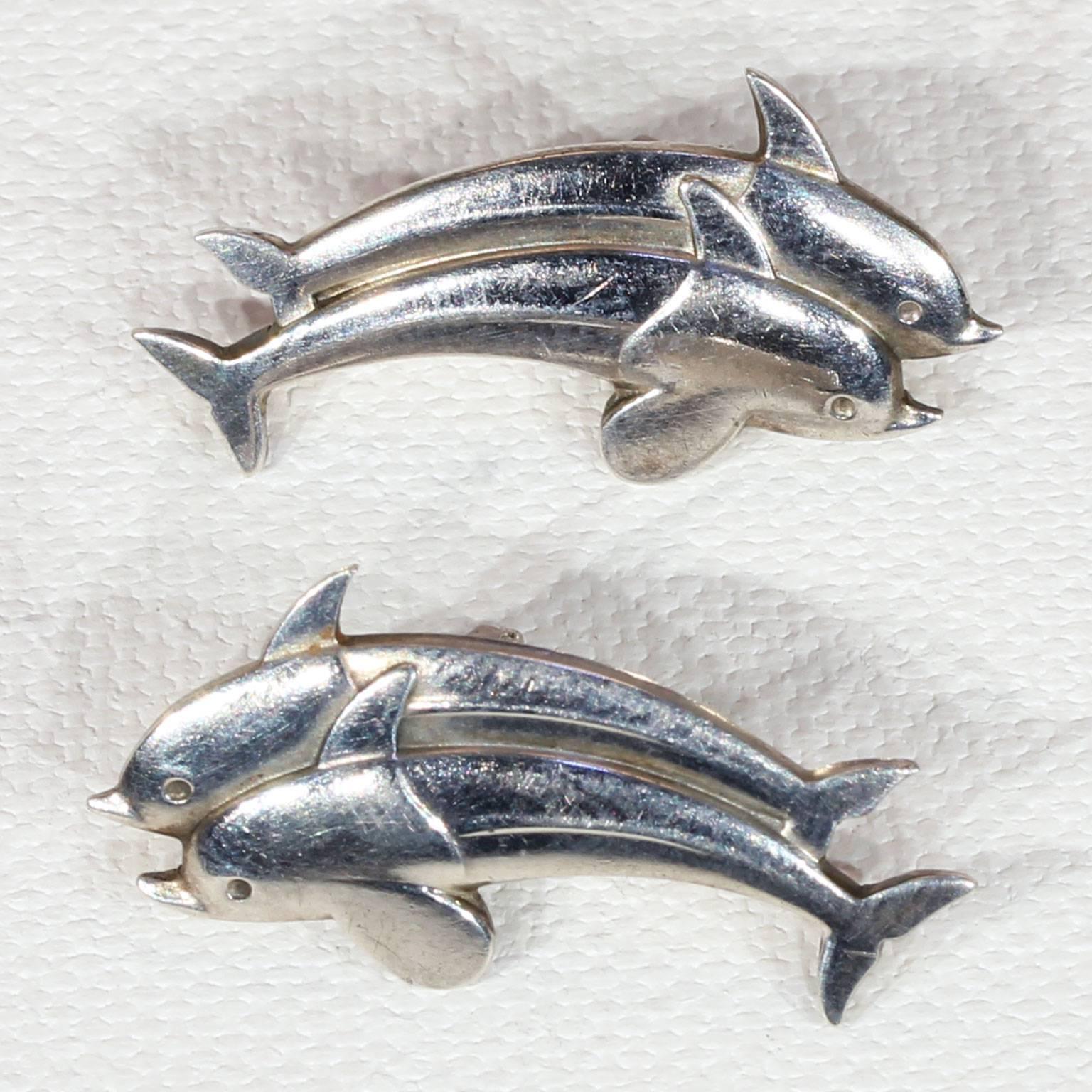 Women's or Men's Georg Jensen Dolphins Brooch Earring Set Sterling Silver For Sale