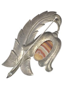 Georg Jensen Early Sterling and Stone Set Large Floral Brooch