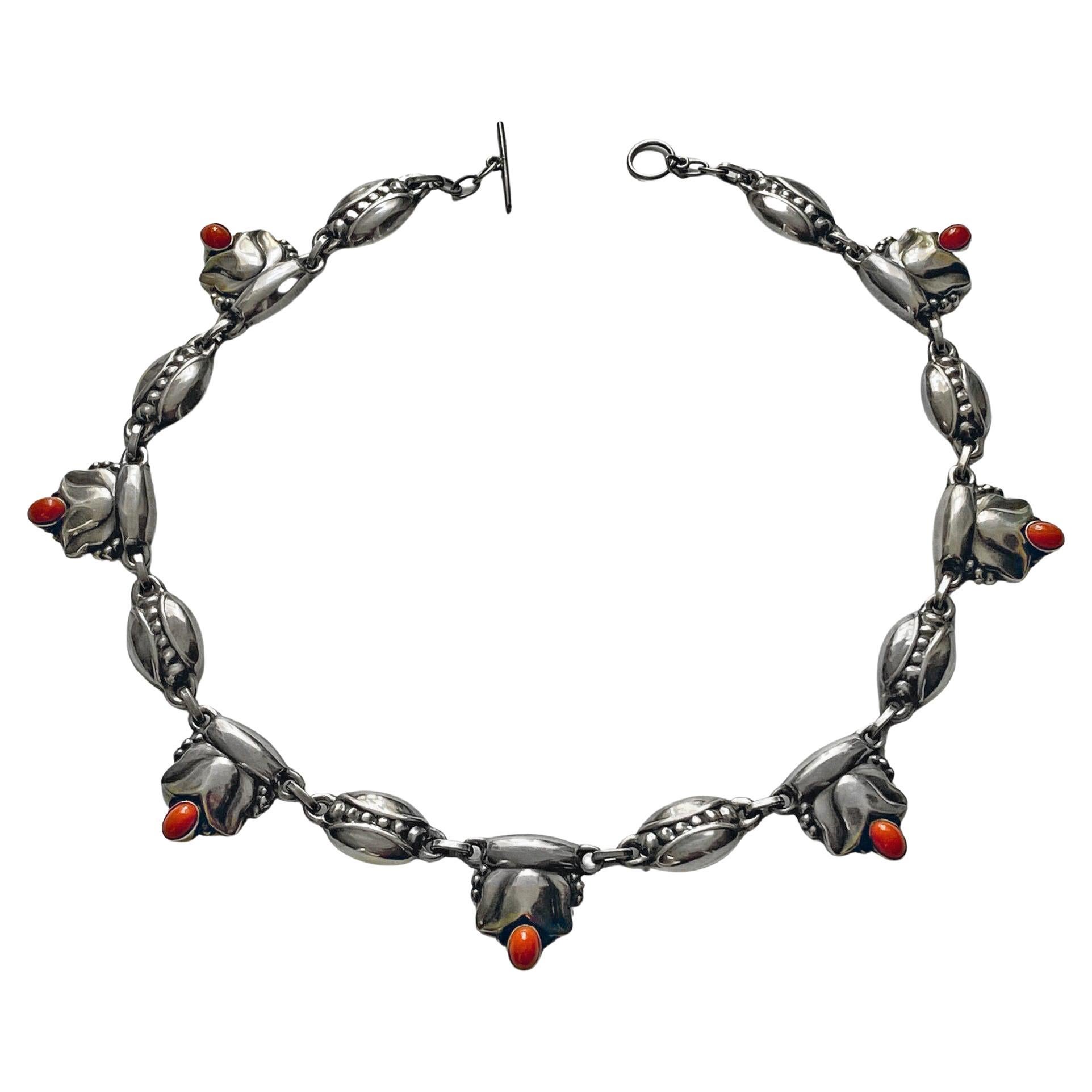 Georg Jensen Early Sterling Silver Coral Color Necklace C.1930