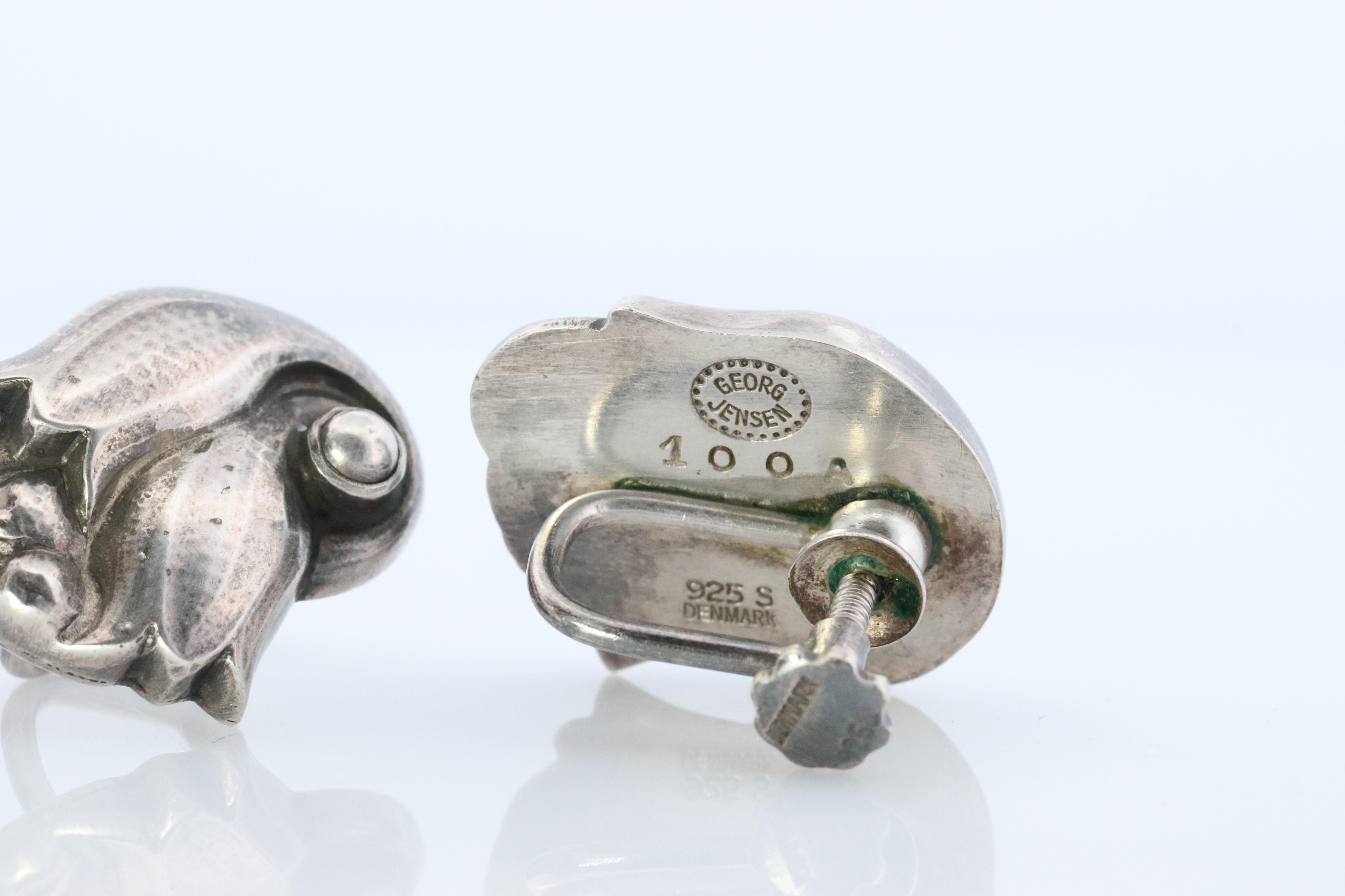 Georg Jensen Earrings Tulips 100A Sterling Silver 925 Clip on Unpierced Earrings In Good Condition For Sale In Port Charlotte, FL