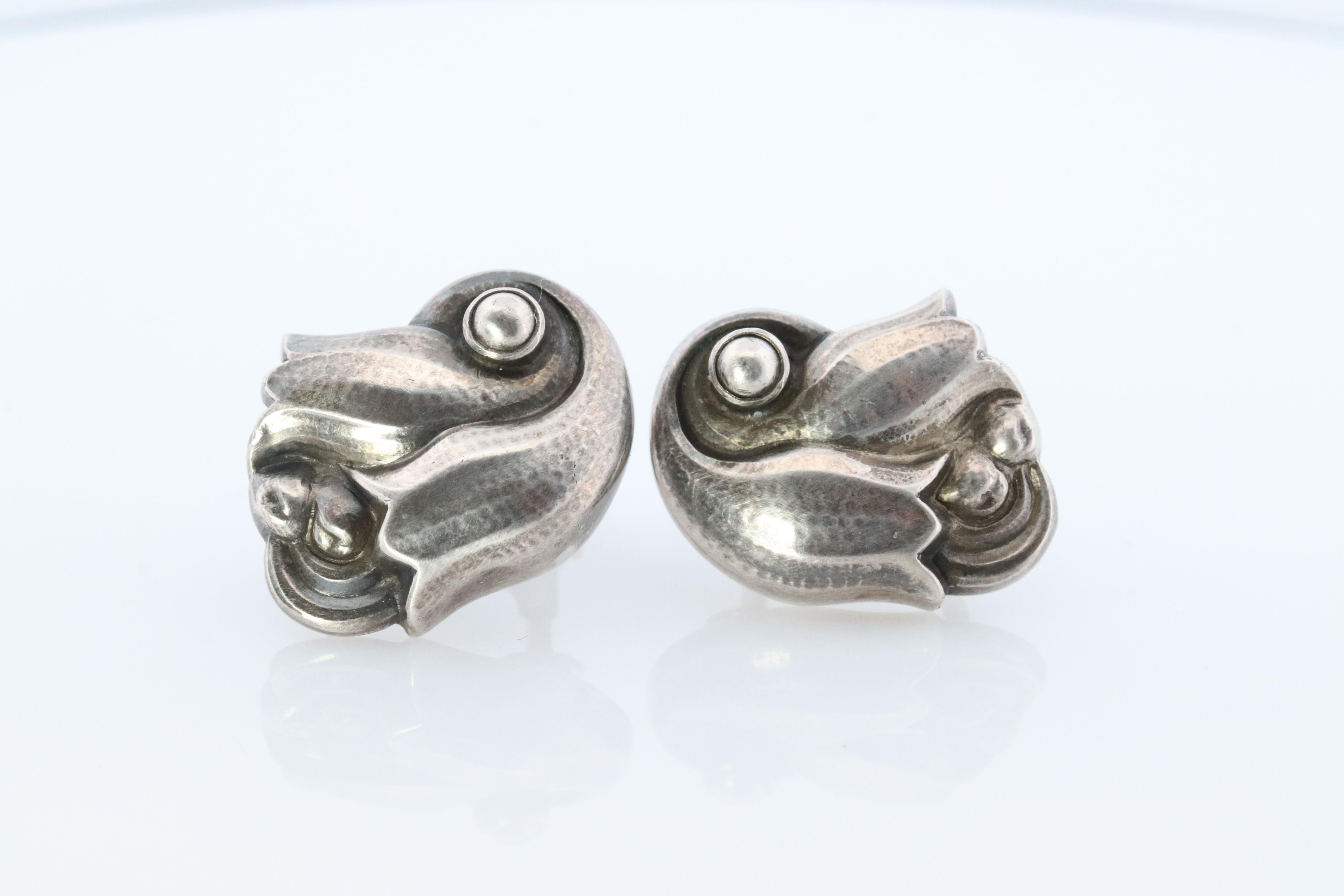 Georg Jensen Earrings Tulips 100A Sterling Silver 925 Clip on Unpierced Earrings For Sale 1