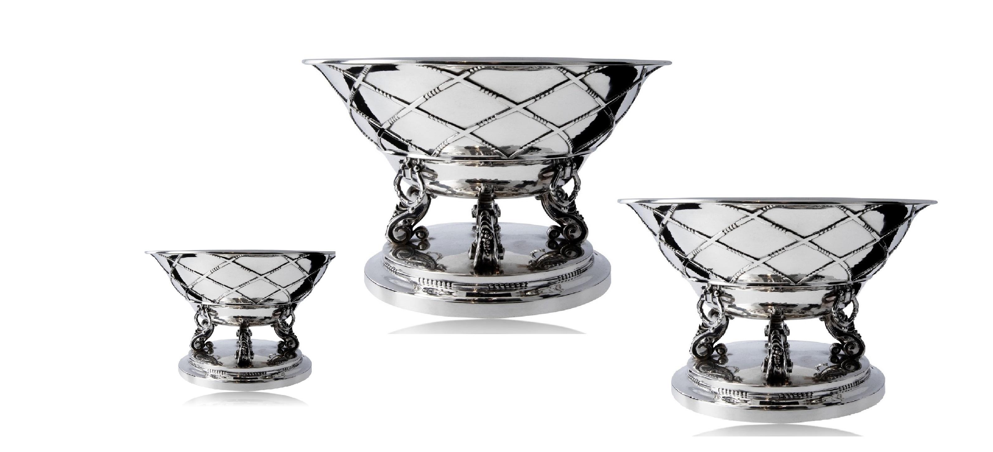 A rare collection of three exquisite Georg Jensen sterling silver bowls design #268a, by Johan Rohde. A stunning and very rare design with its innovative art nouveau design, these Jardinière's demonstrate early indications of the emerging art deco