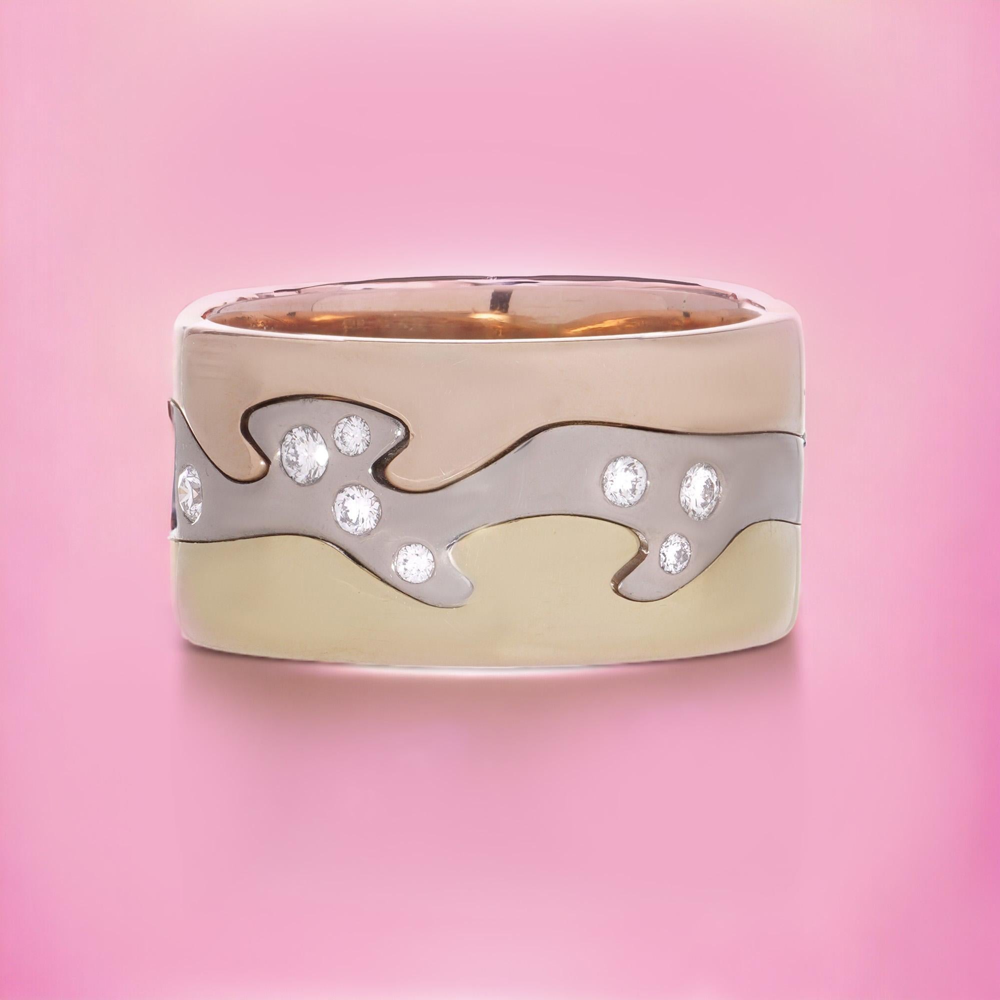 Georg Jensen Fusion 18kt. yellow, white and pink gold 3 piece stack ring with diamonds. 

Made in Denmark, After 2000
Fully hallmarked.

FUSION - perfection is greater than the sum of its parts. A love for nature no matter what the season is part of