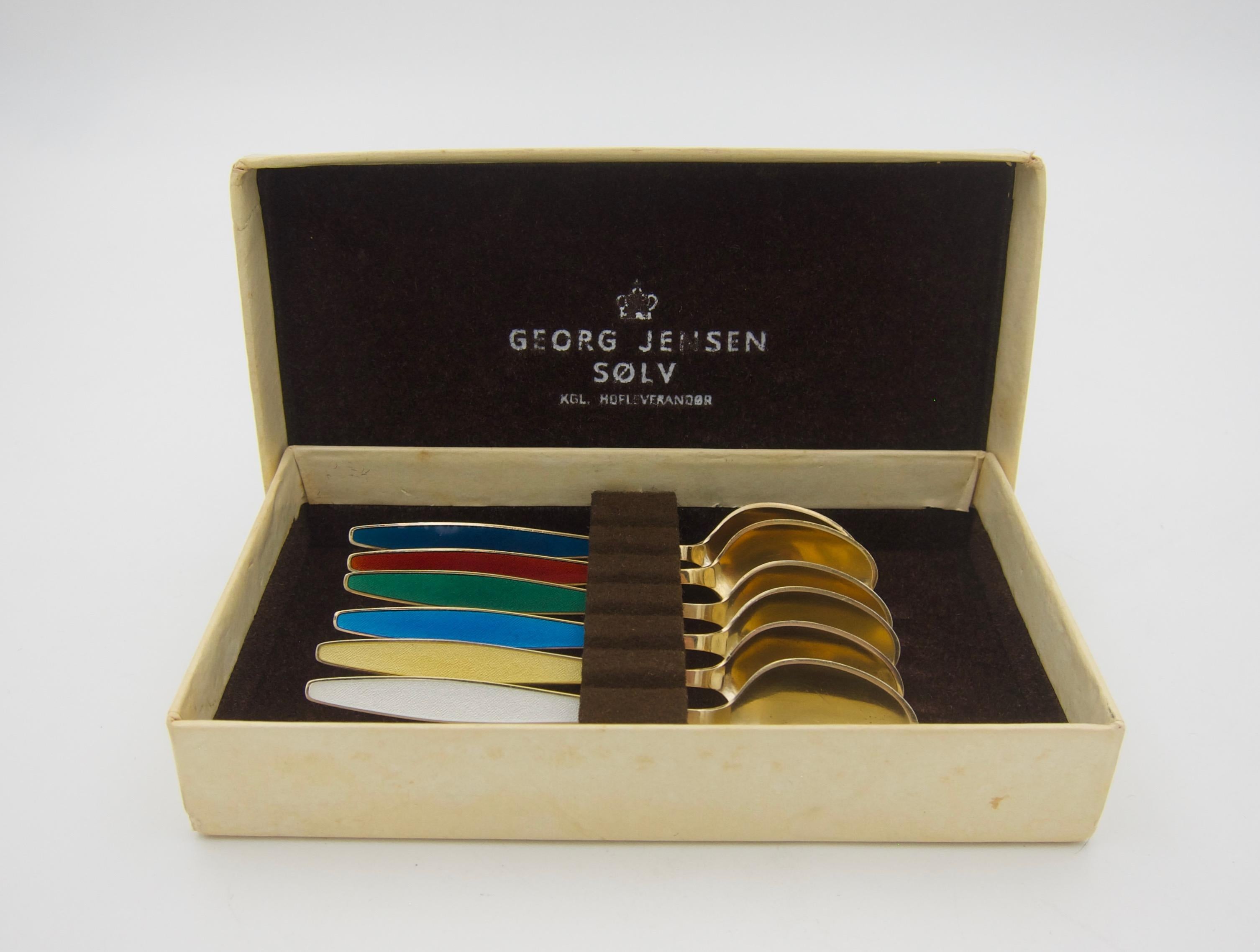 Edwardian Georg Jensen Gilt Sterling Silver and Enamel Demitasse Spoon Set