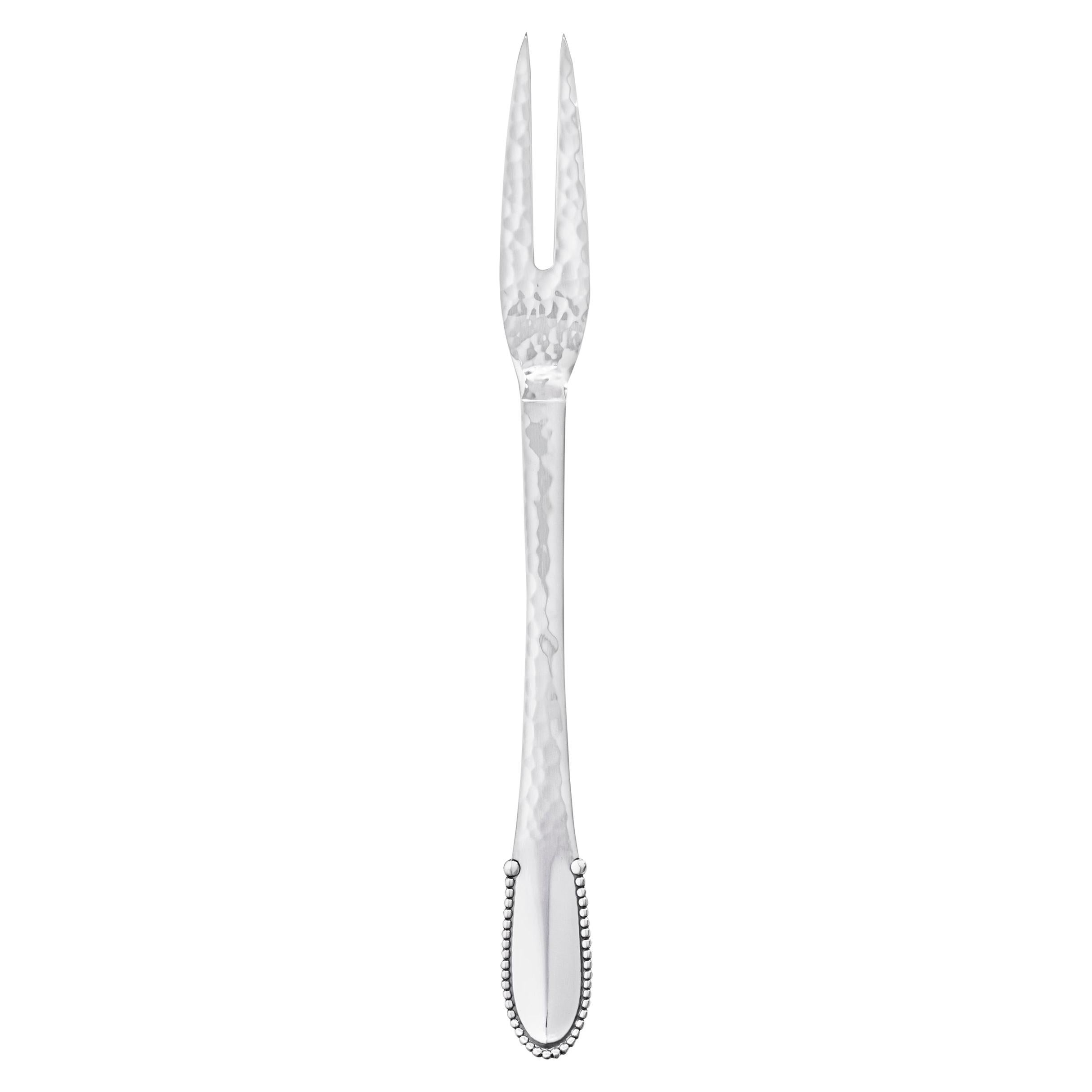 Georg Jensen Handcrafted Sterling Silver Beaded Meat Fork with 2 Tines For Sale