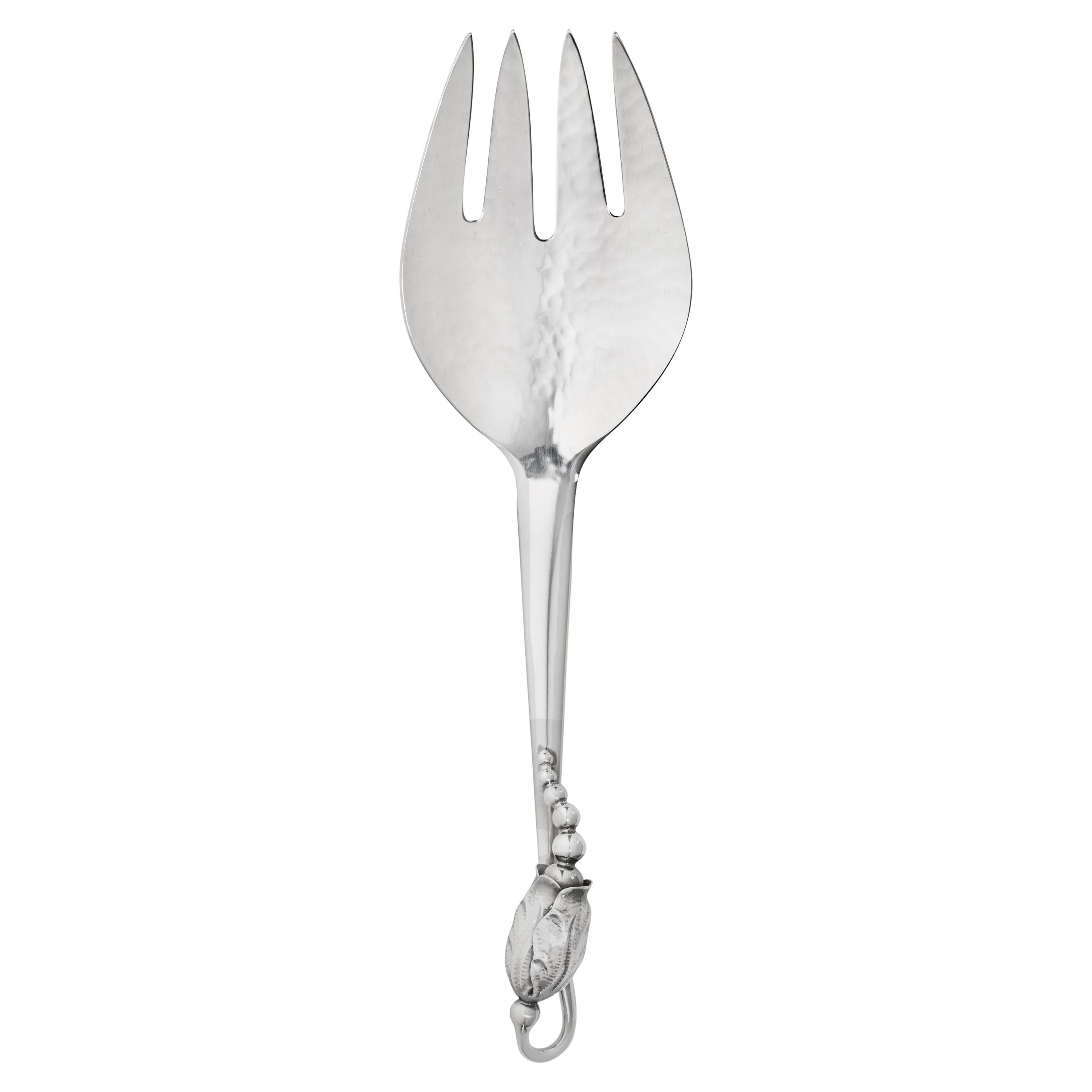 Georg Jensen Handcrafted Sterling Silver Blossom Medium Serving Fork For Sale