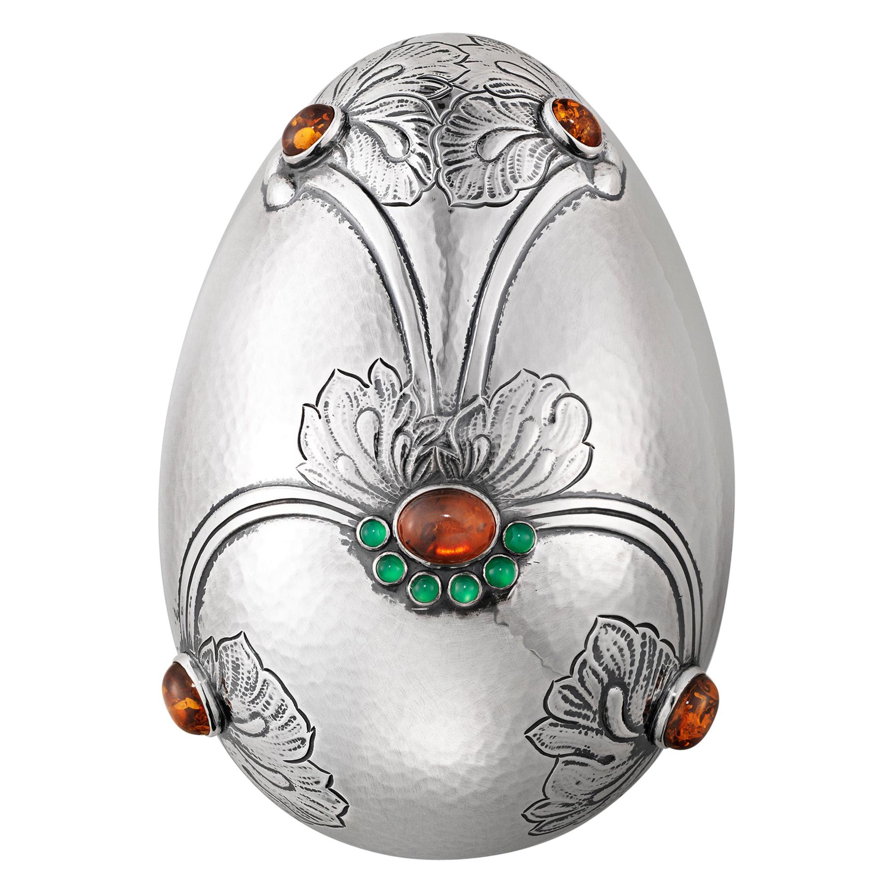 Georg Jensen Handcrafted Sterling Silver Egg by Gj Amber/Gr. Agate For Sale