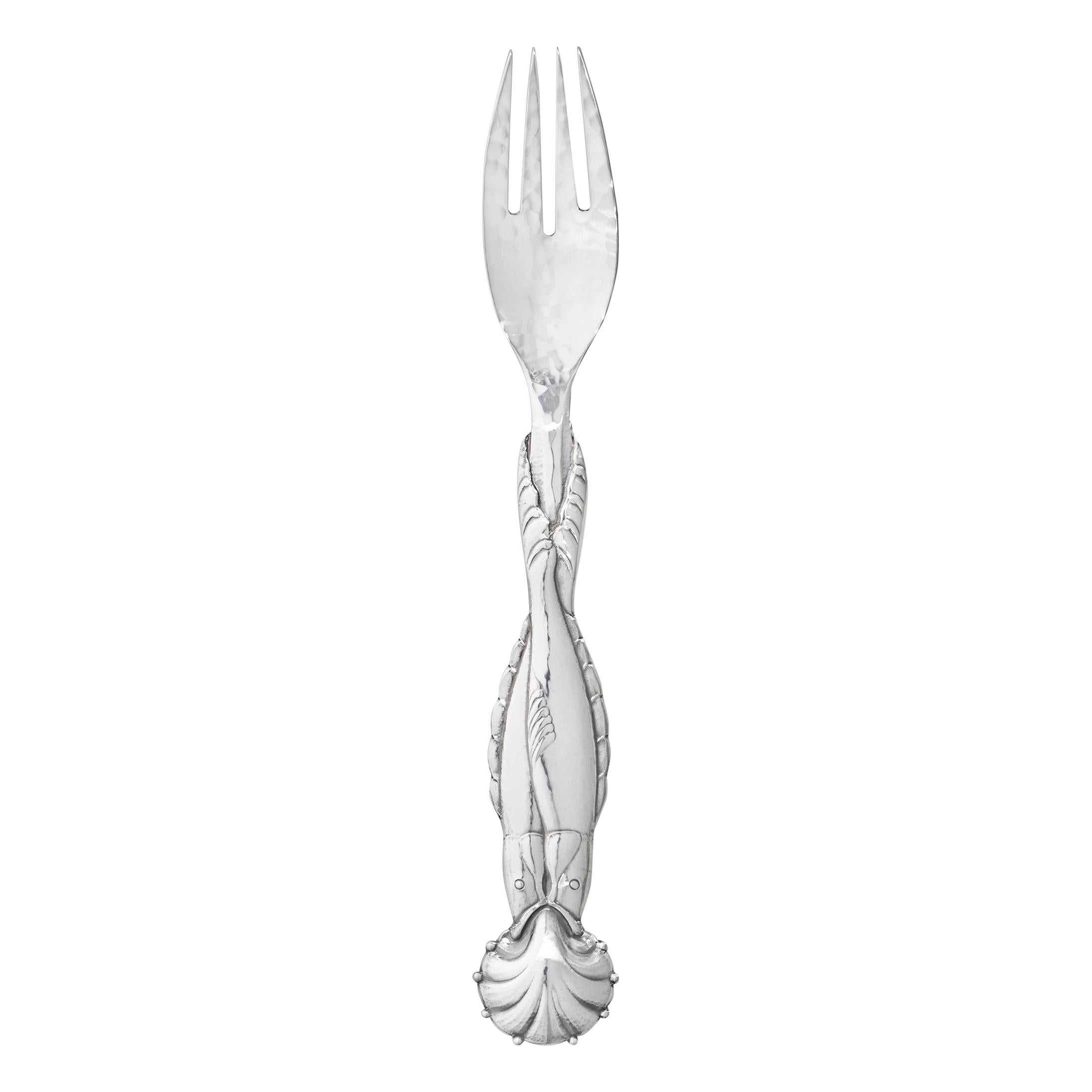 Georg Jensen Handcrafted Sterling Silver No. 55 Fork with Fish Motif For Sale