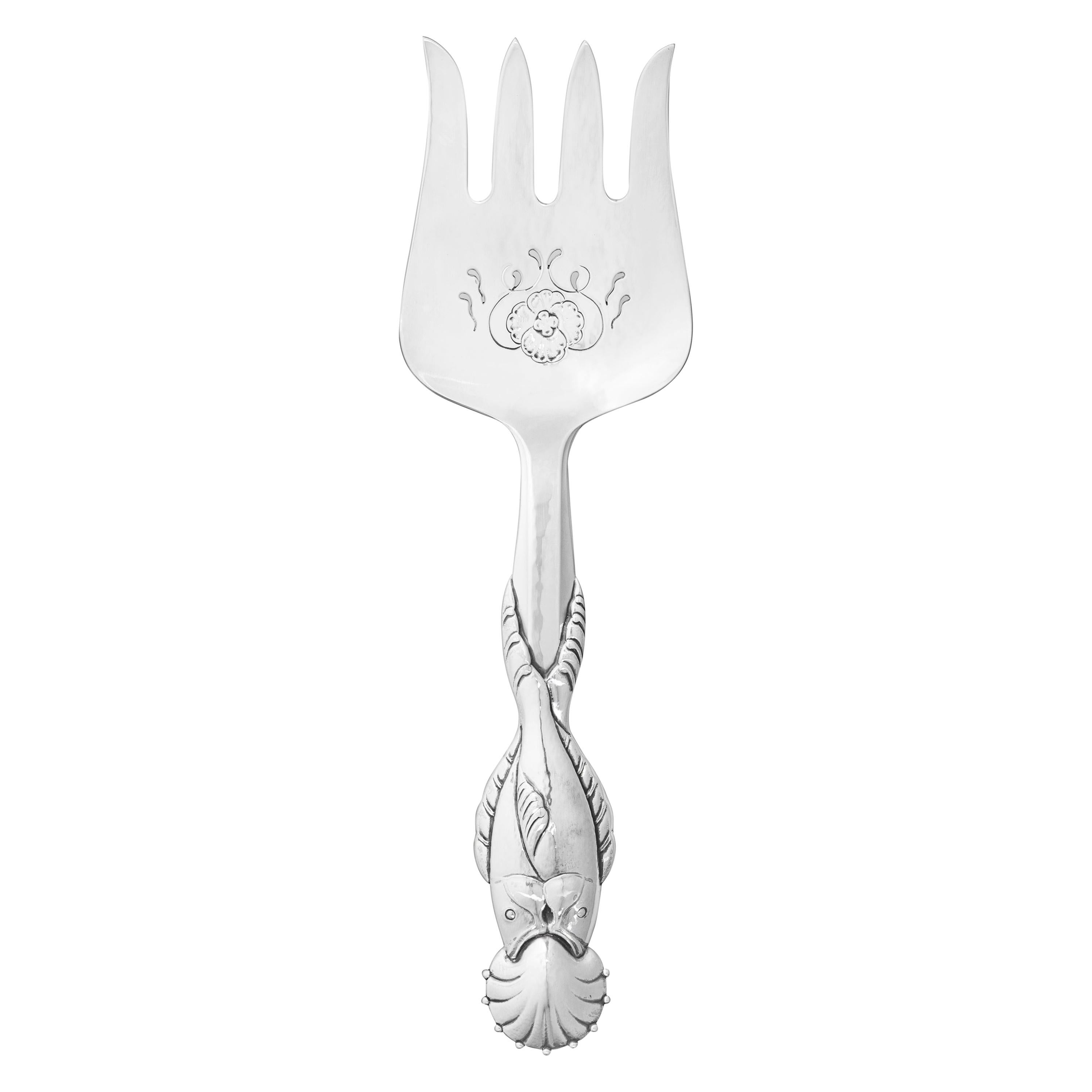 Georg Jensen Handcrafted Sterling Silver No. 55 Serving Fork with Fish Motif For Sale