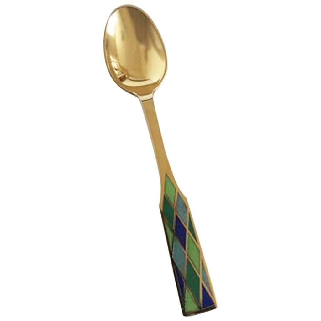 Georg Jensen Harlequin Coffee Spoon in Gilded Sterling Silver with Green Enamel For Sale