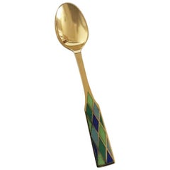 Georg Jensen Harlequin Coffee Spoon in Gilded Sterling Silver with Green Enamel