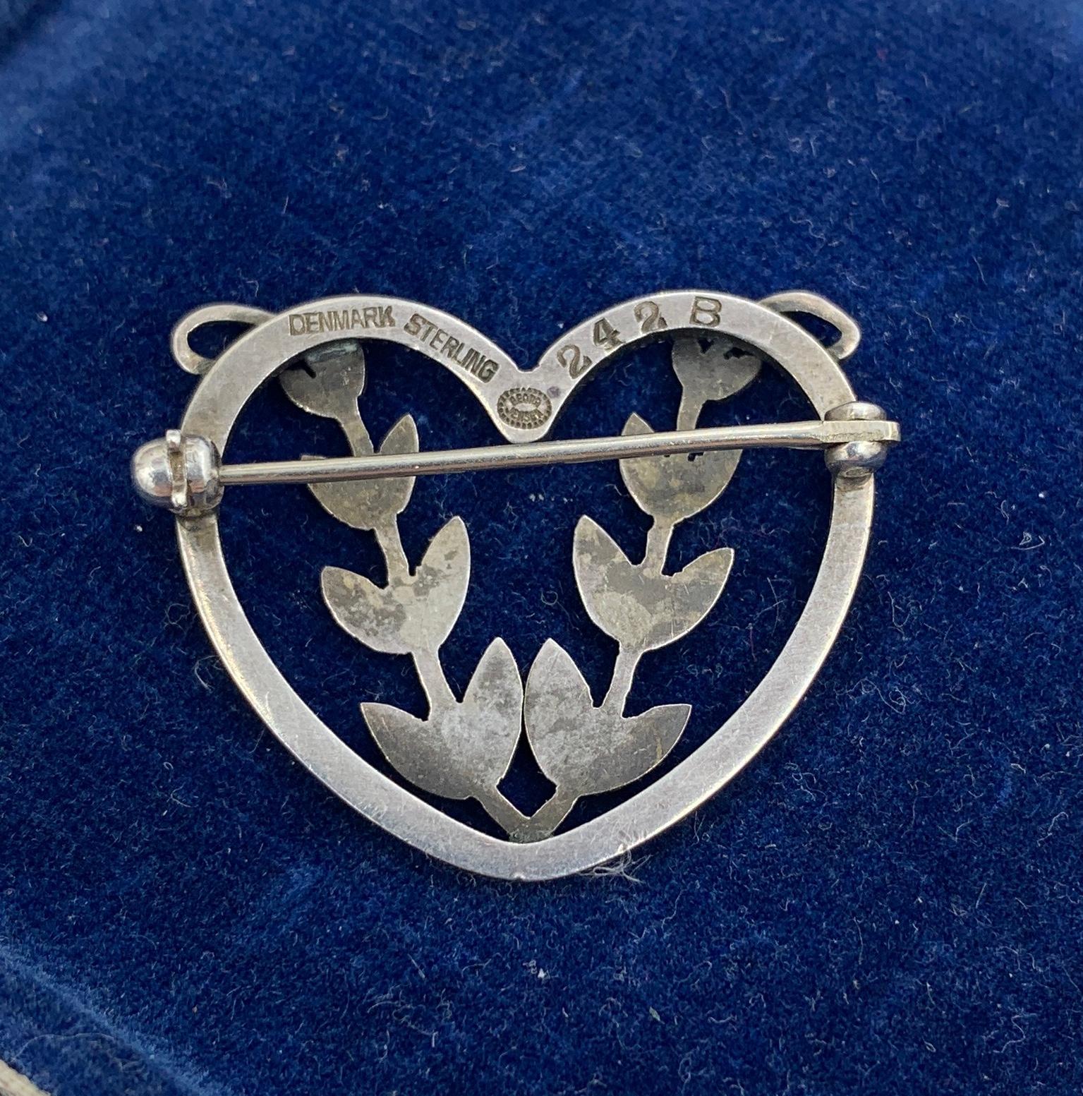Art Nouveau Georg Jensen Heart Leaf Brooch Denmark 242 Sterling Silver Mid-Century Modern For Sale