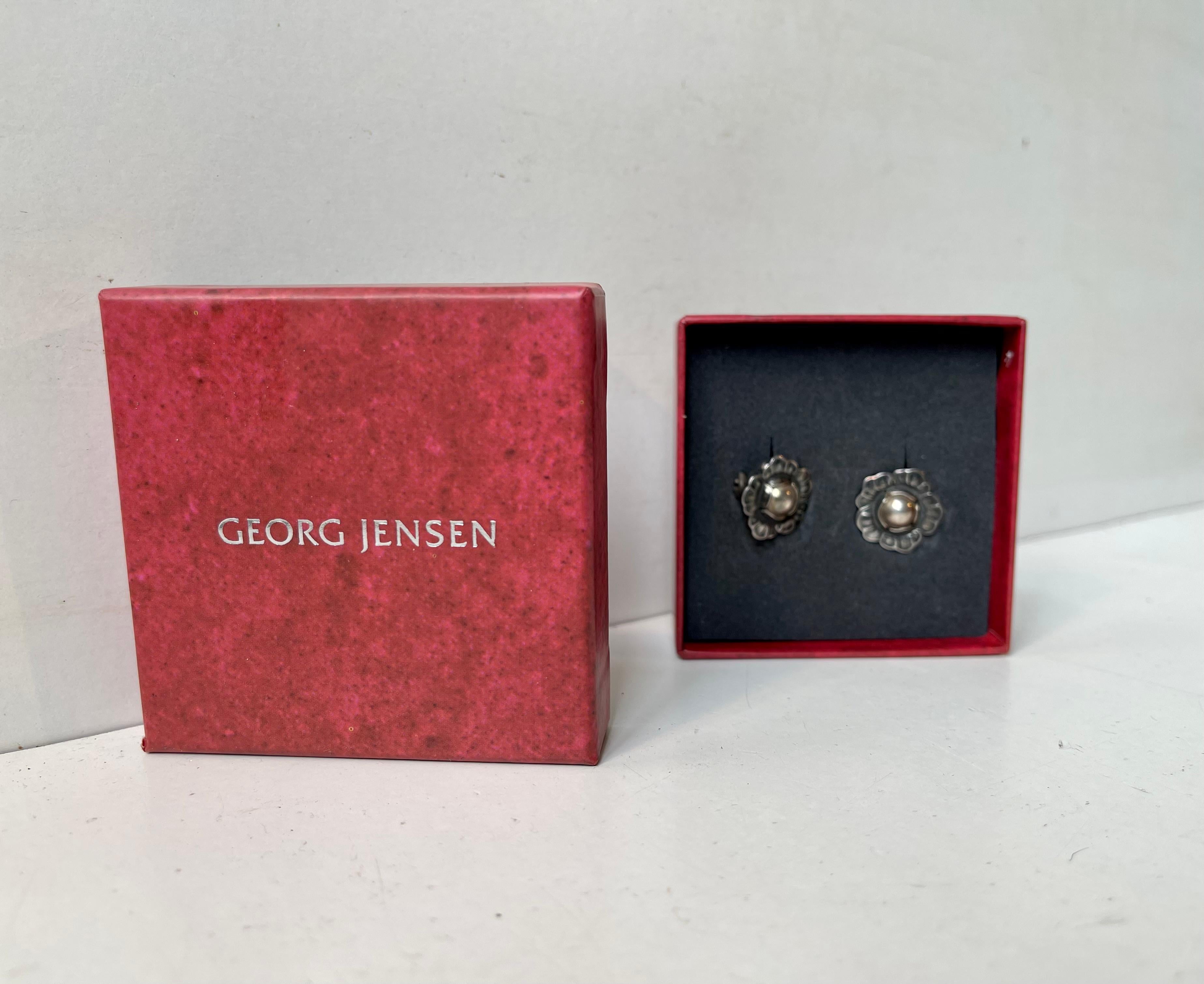 Art Nouveau Georg Jensen 'Heritage' Flower Clip Earrings 2002 in Sterling Silver For Sale