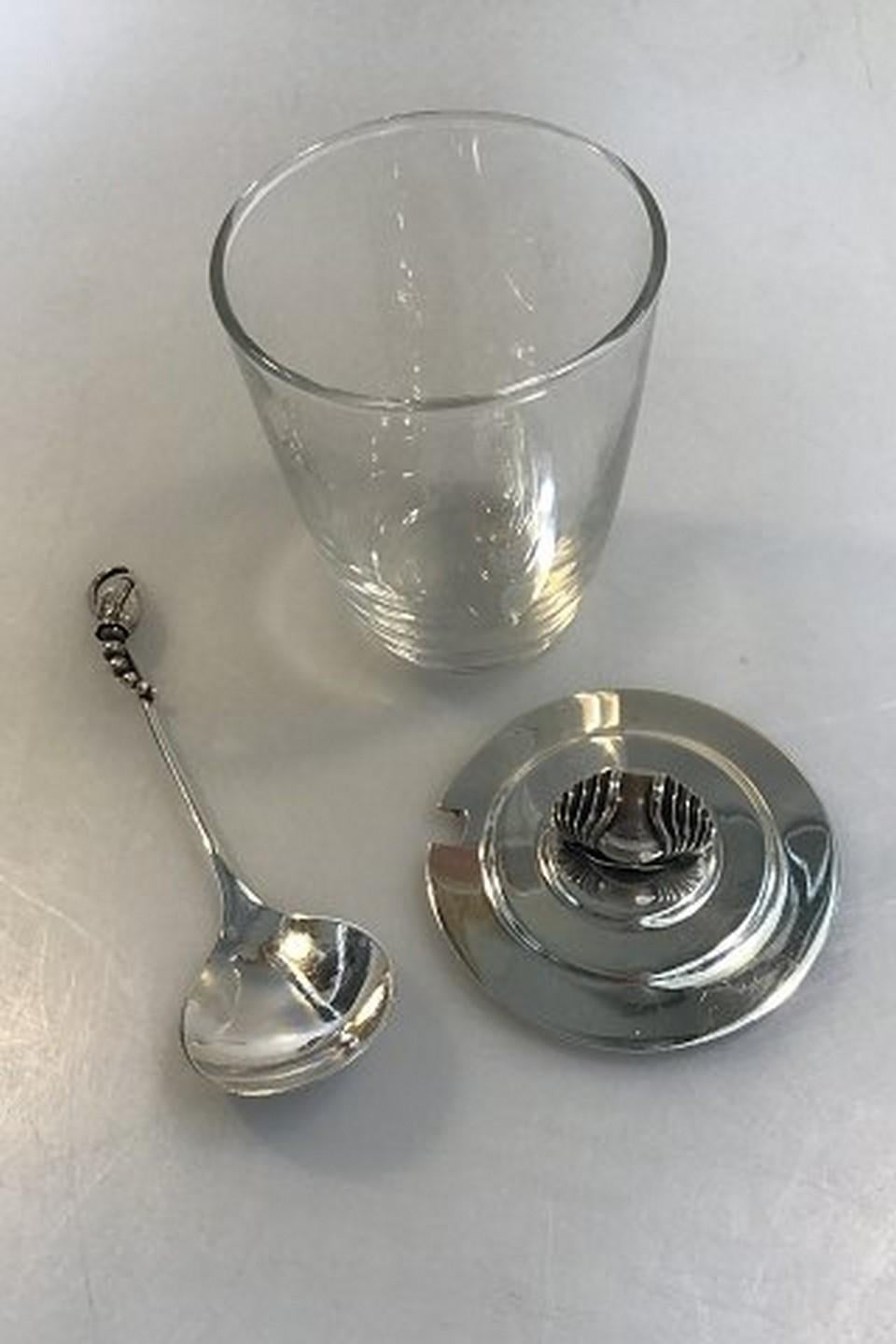 Art Deco Georg Jensen Jam Jar with Sterling Silver Lid No 900 and Blossom Jam Spoon For Sale