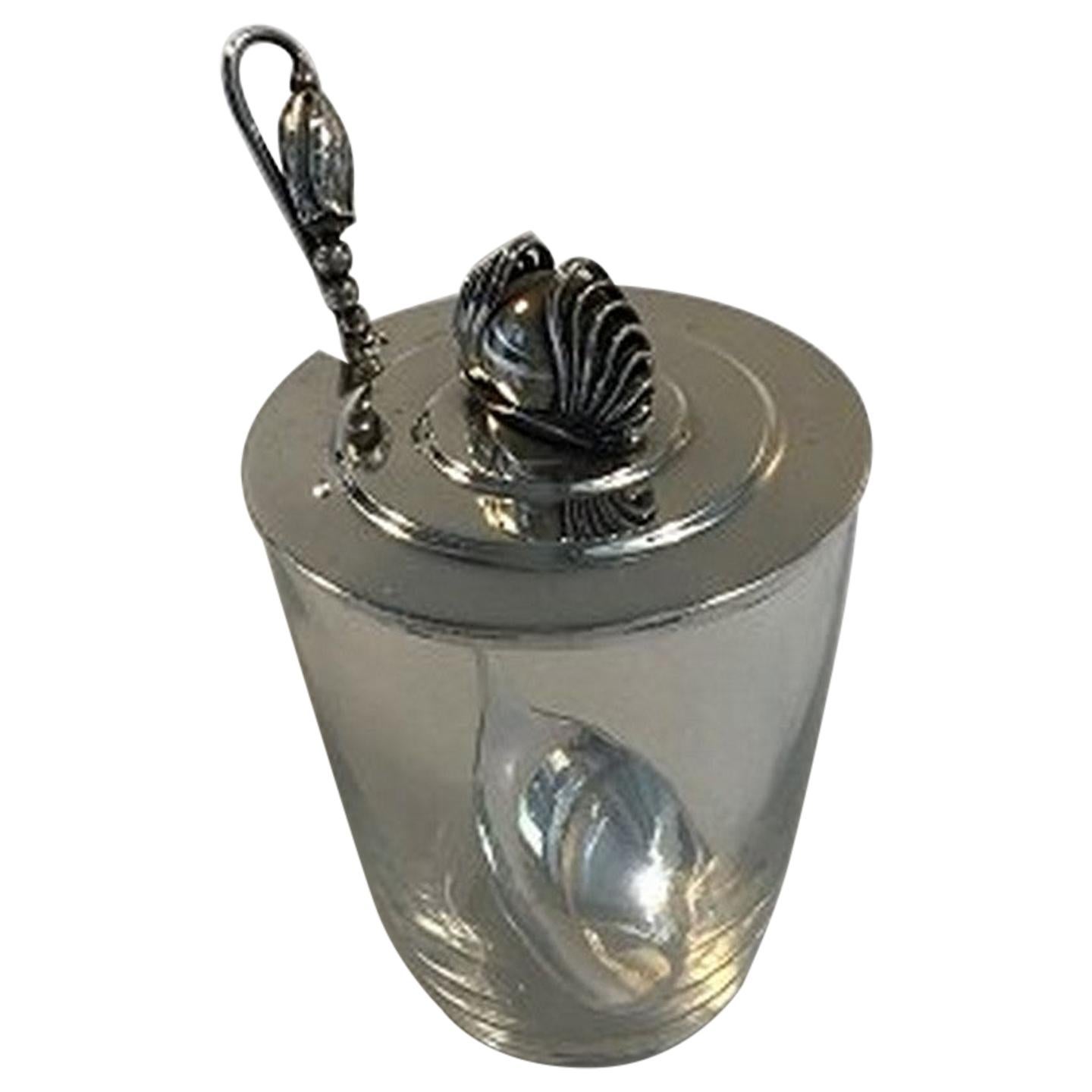 Georg Jensen Jam Jar with Sterling Silver Lid No 900 and Blossom Jam Spoon For Sale