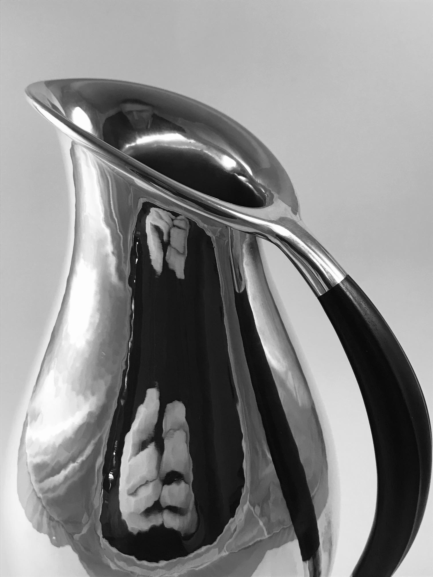 Hammered Georg Jensen Johan Rohde Pitcher 432E Ebony Handle For Sale