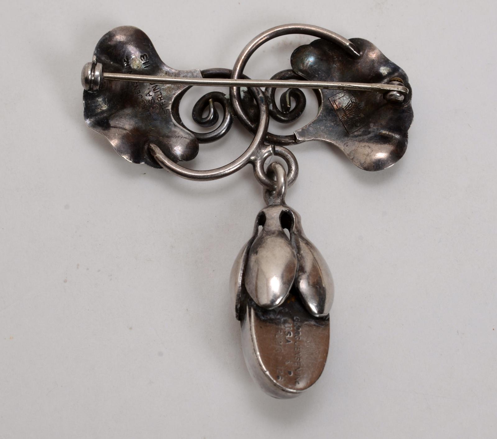 Georg Jensen USA Sterling Silver La Paglia Foliate Brooch with Pendant Blossom Drop, c1940. Numbered 113 on pin and 126 on blossom. Designer Alphonse La Paglia was of Sicilian descent. He worked at Georg Jensen in Denmark and emigrated to the US in