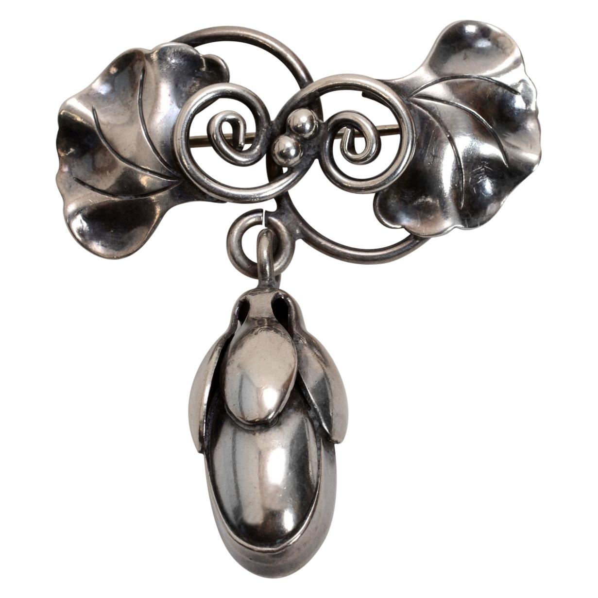 Georg Jensen La Paglia Foliate Brooch with Pendant Blossom Drop