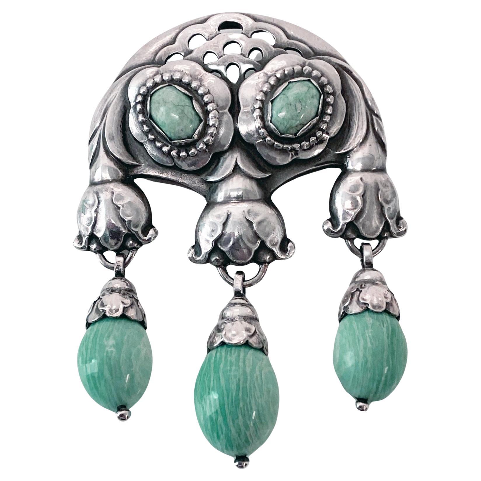 Georg Jensen Broche de maître en argent et amazonite, grand modèle rare, vers 1933 en vente