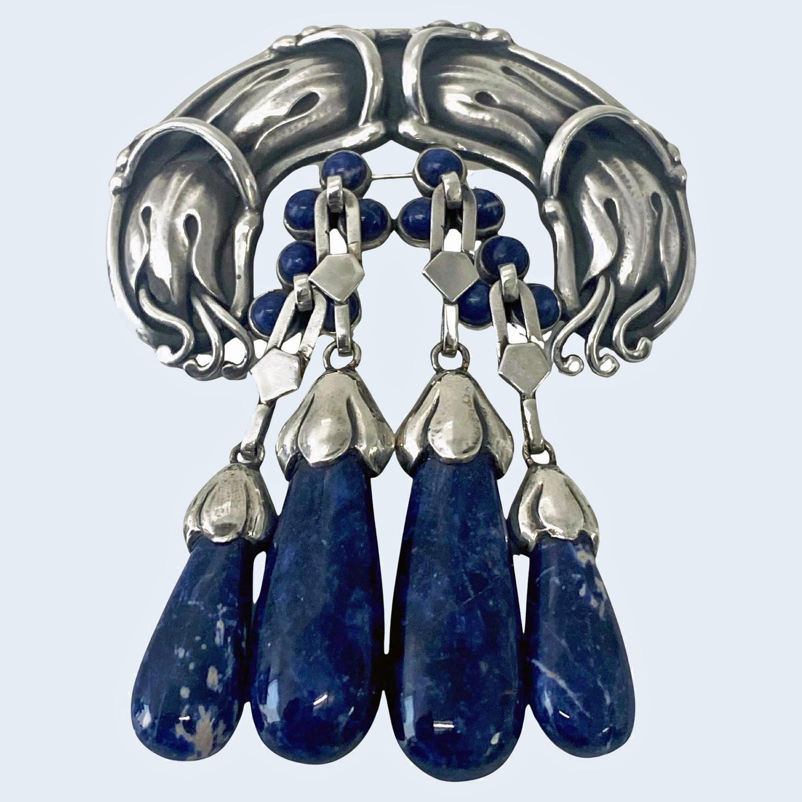 Art Nouveau Georg Jensen large Silver Lapis Lazuli Master Brooch, C.1930 For Sale