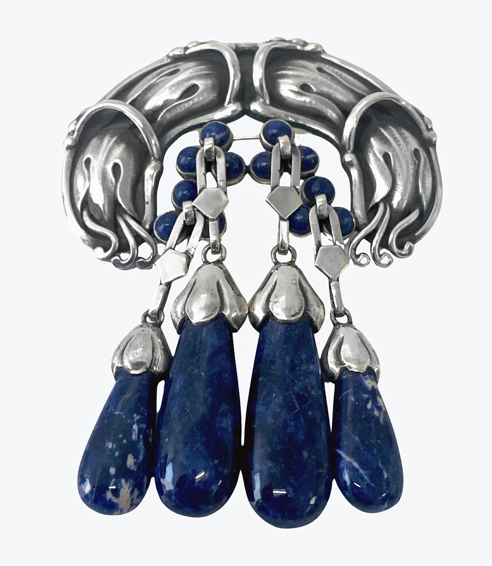 Cabochon Georg Jensen large Silver Lapis Lazuli Master Brooch, C.1930 For Sale