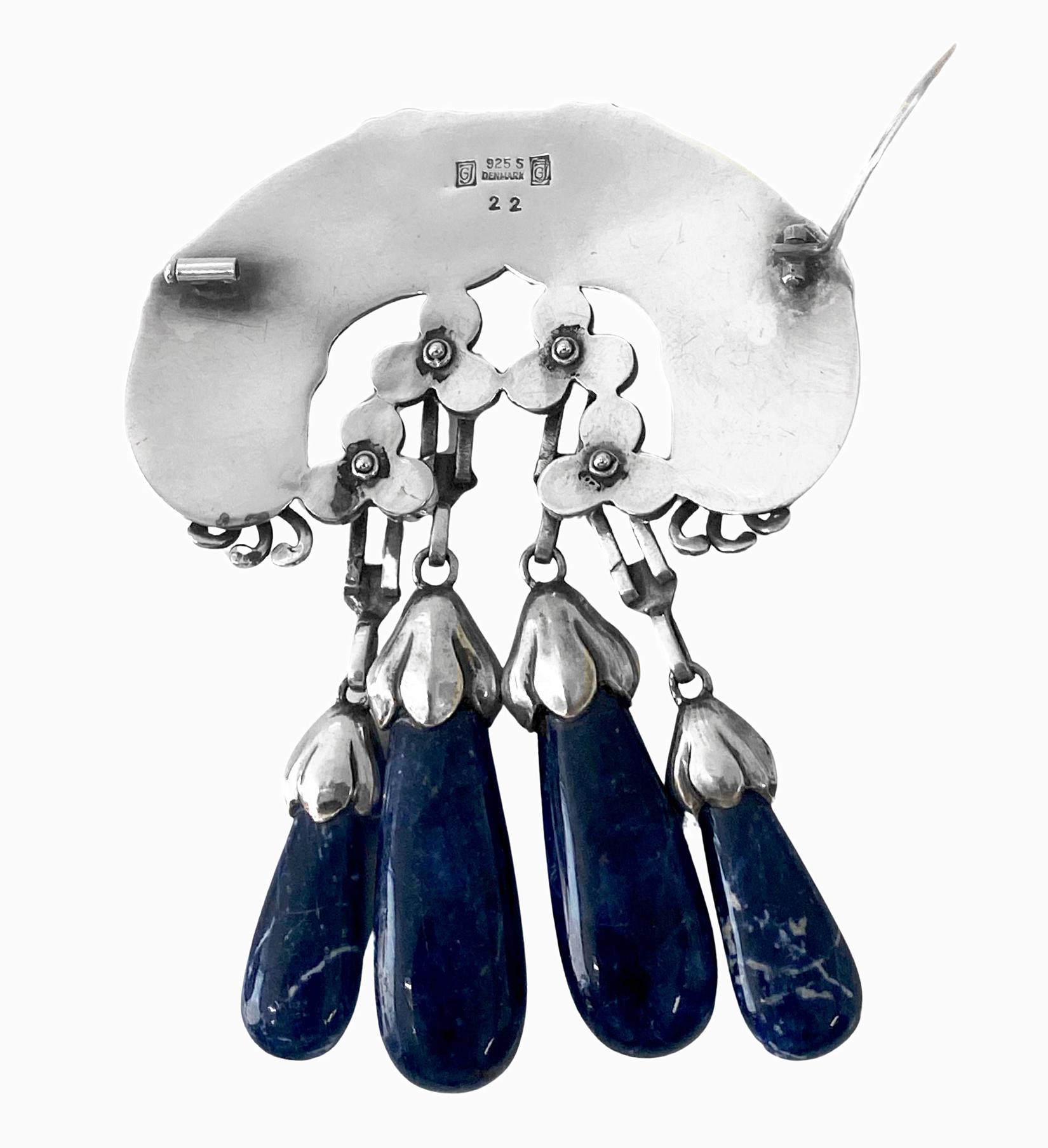 Women's or Men's Georg Jensen large Silver Lapis Lazuli Master Brooch, C.1930 For Sale
