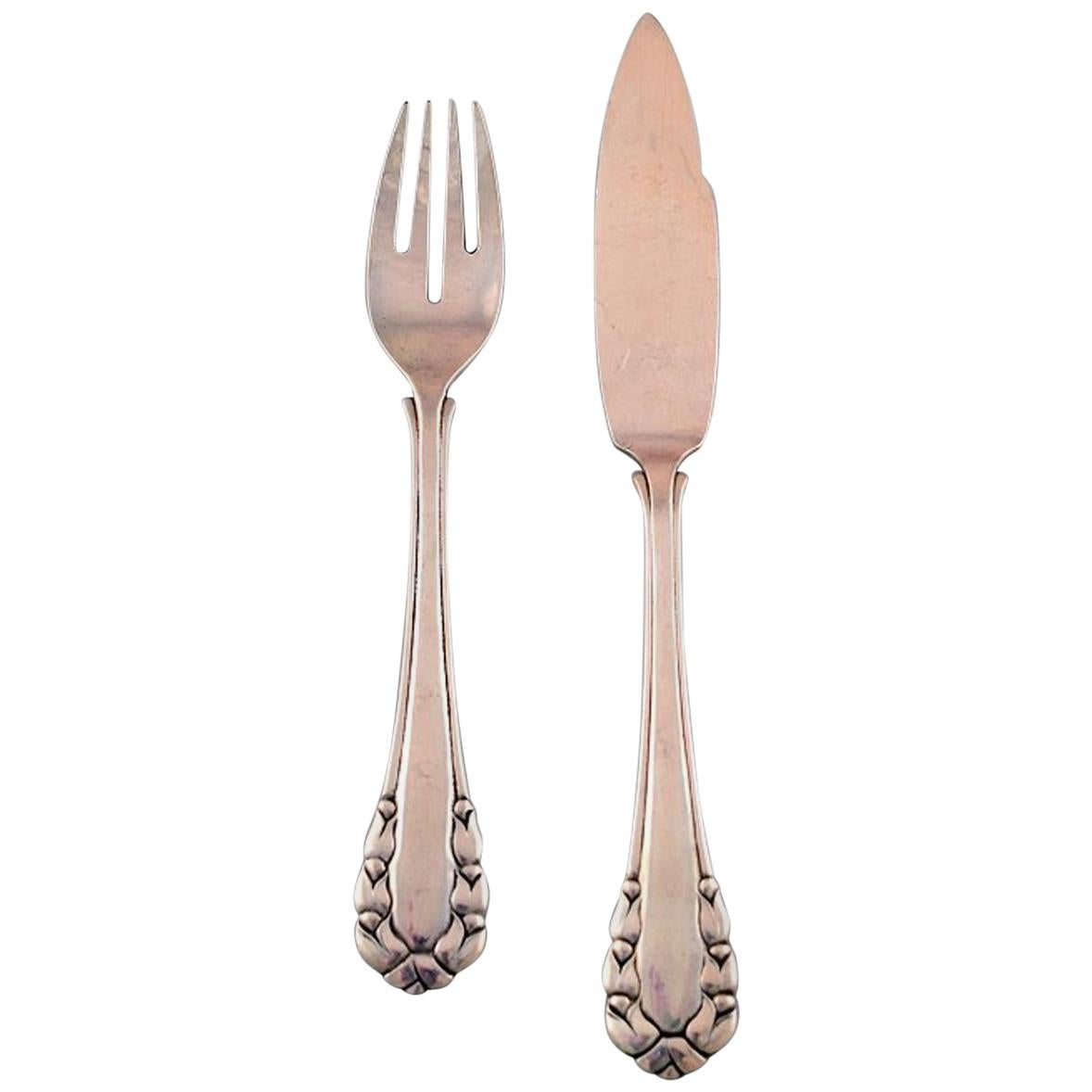 Georg Jensen Lily of the Valley Silver, Fish Knife and Fish Fork For Sale