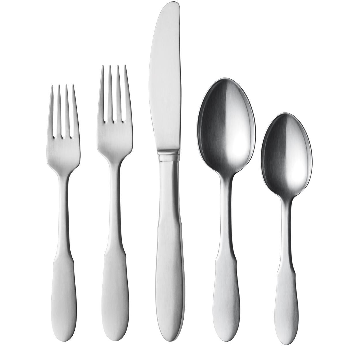 Stainless steel cutlery set with a dinner fork, dinner spoon, long dinner knife, starter fork and tea spoon.