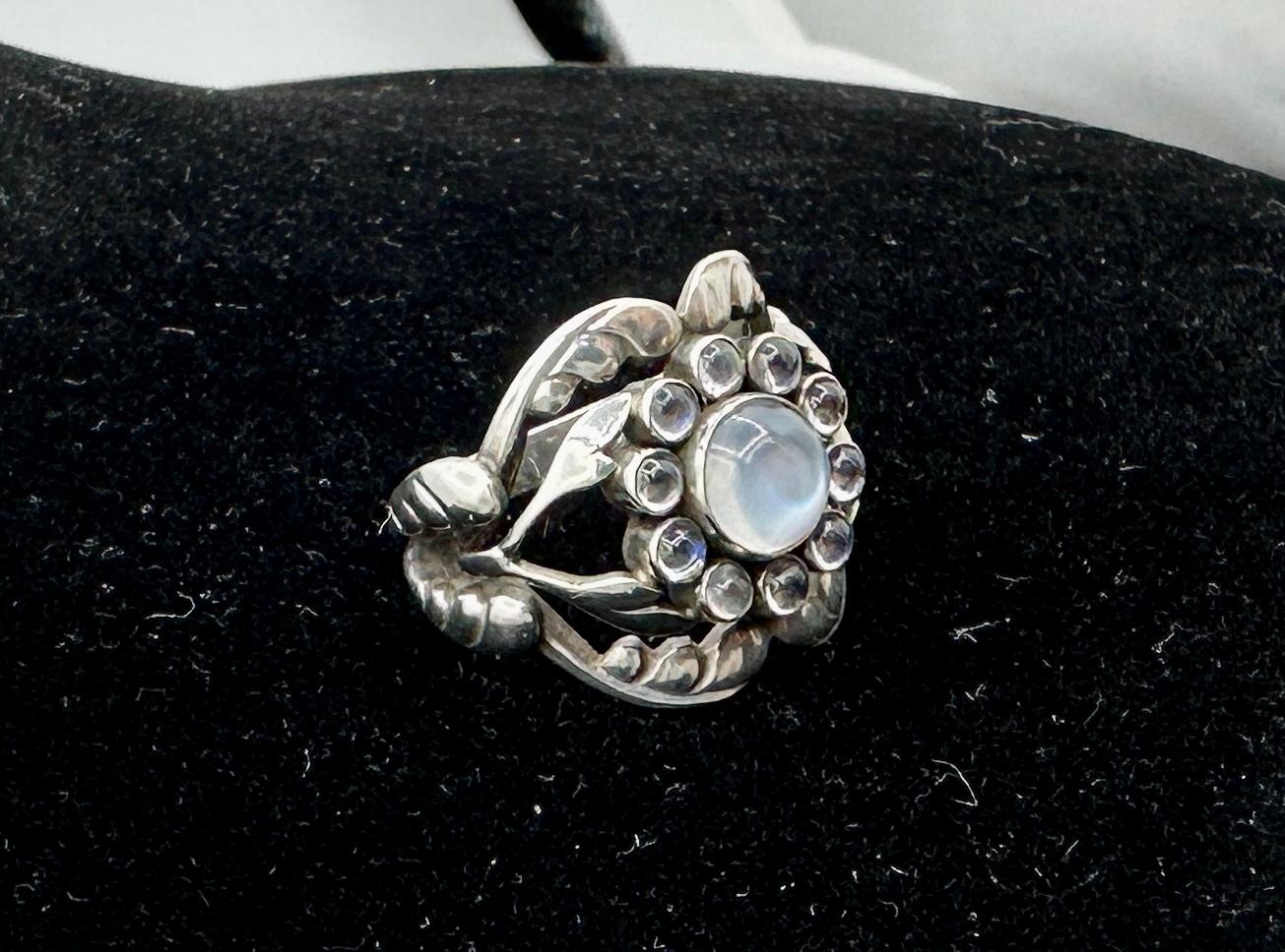 Art Nouveau Georg Jensen Moonlight Blossom Moonstone Ring 10 Denmark Sterling Silver For Sale