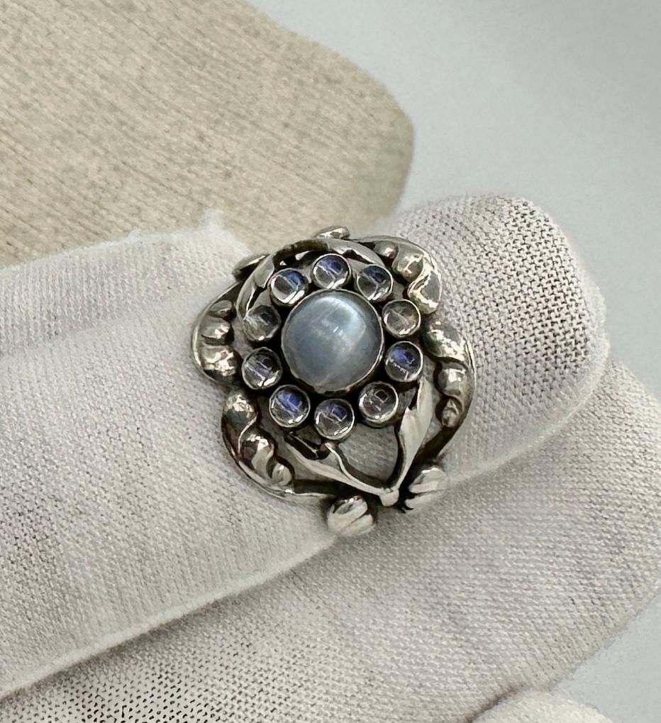 Art Nouveau Georg Jensen Moonlight Blossom Moonstone Ring 10 Denmark Sterling Silver For Sale