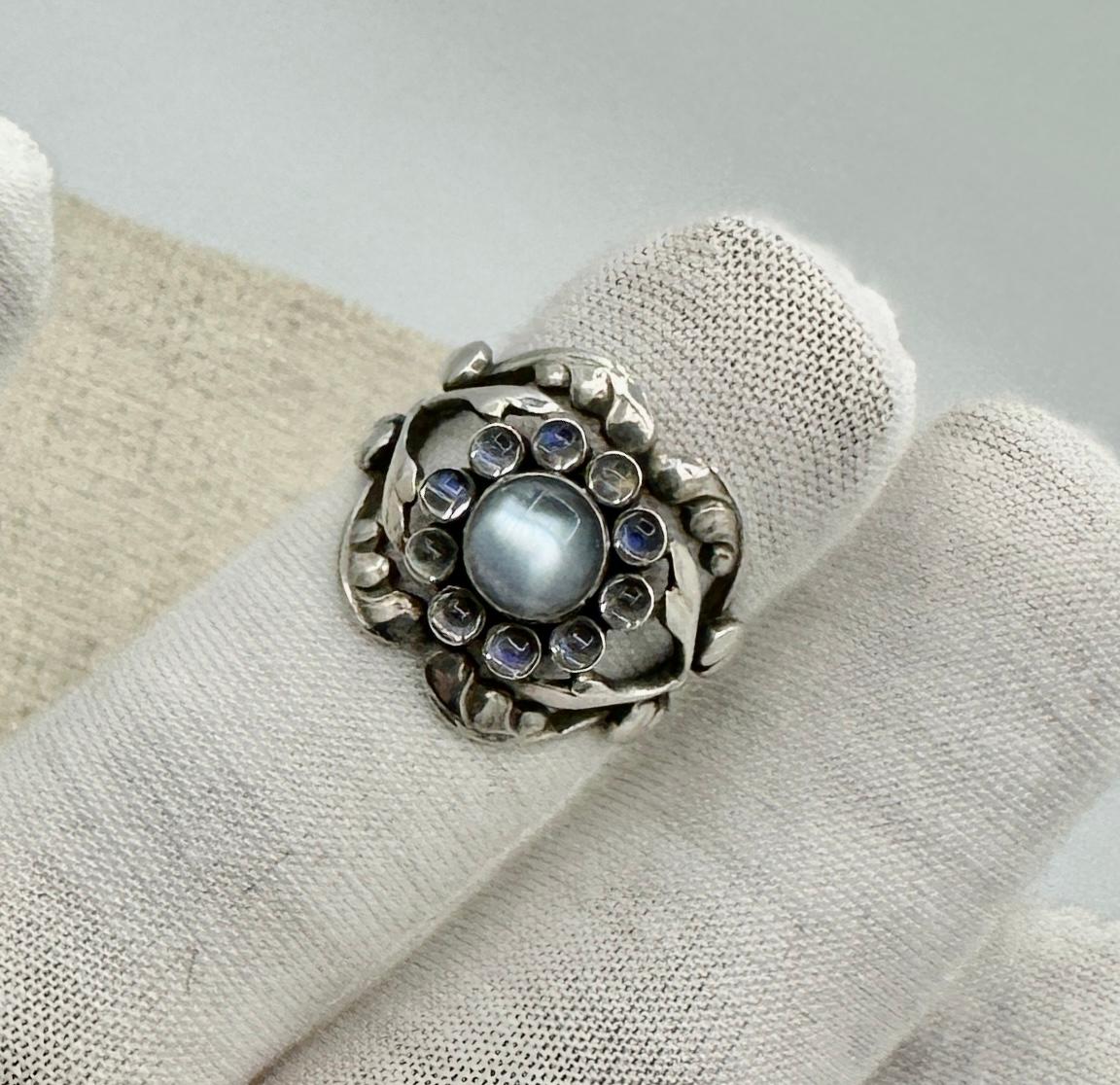 Women's Georg Jensen Moonlight Blossom Moonstone Ring 10 Denmark Sterling Silver For Sale