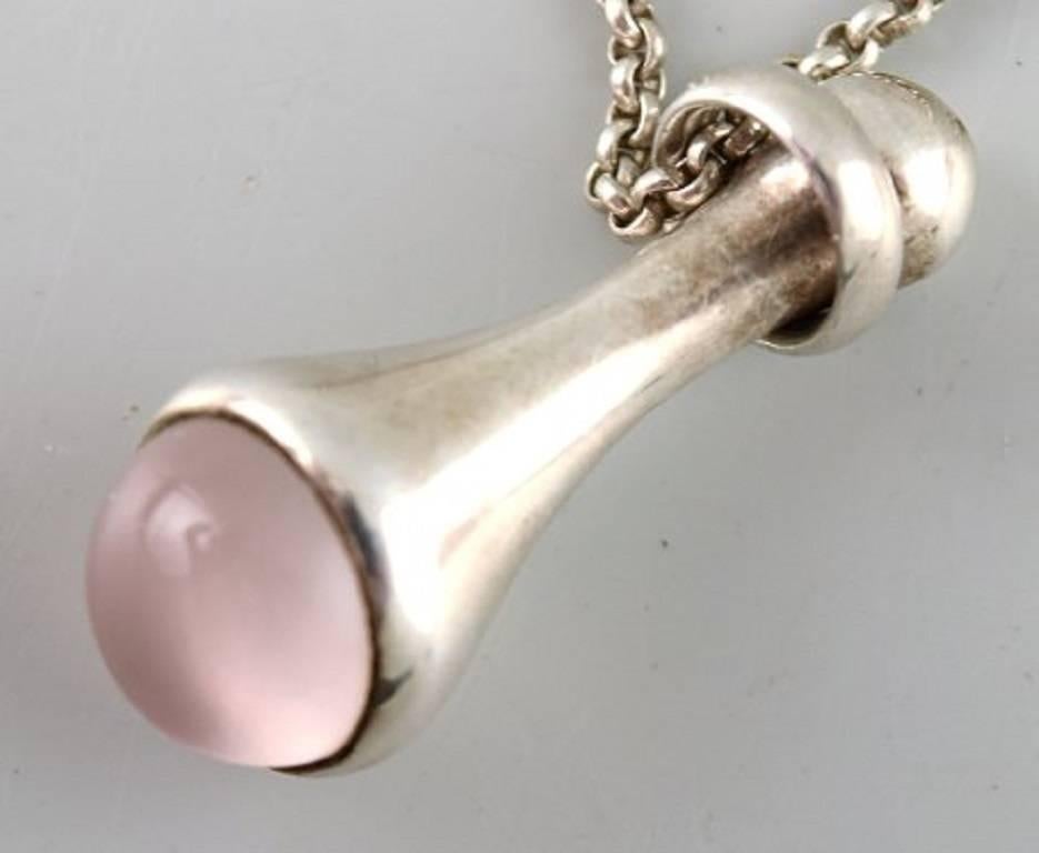 Modern Georg Jensen Necklace Model Droplet, Sterling Silver with Cabochon Rose Quartz