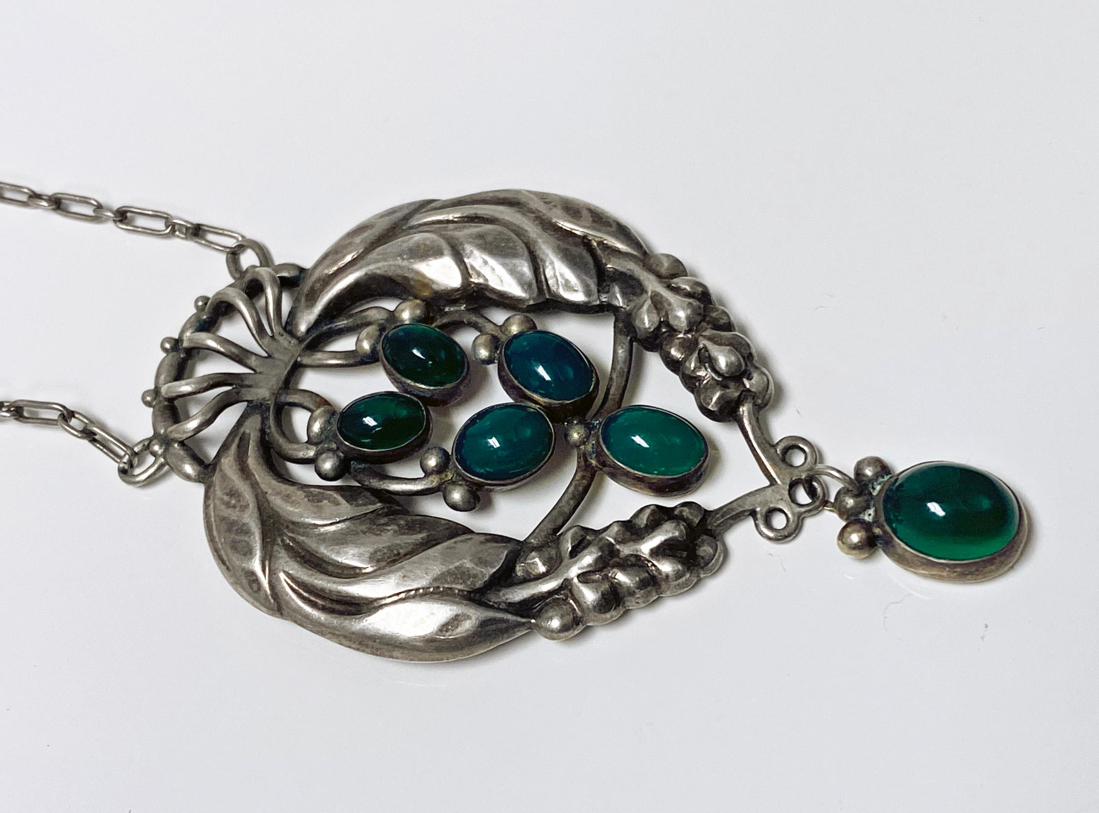 Early Georg Jensen design No 5 Pendant Necklace, Denmark C.1908. Exceptional rare chrysoprase pendant, original chan. Hallmarks for 1908-1914. Pendant measures 2.75 inches drop x 1.75 inches width. Length of chain 24 inches. Item Weight: 20.20