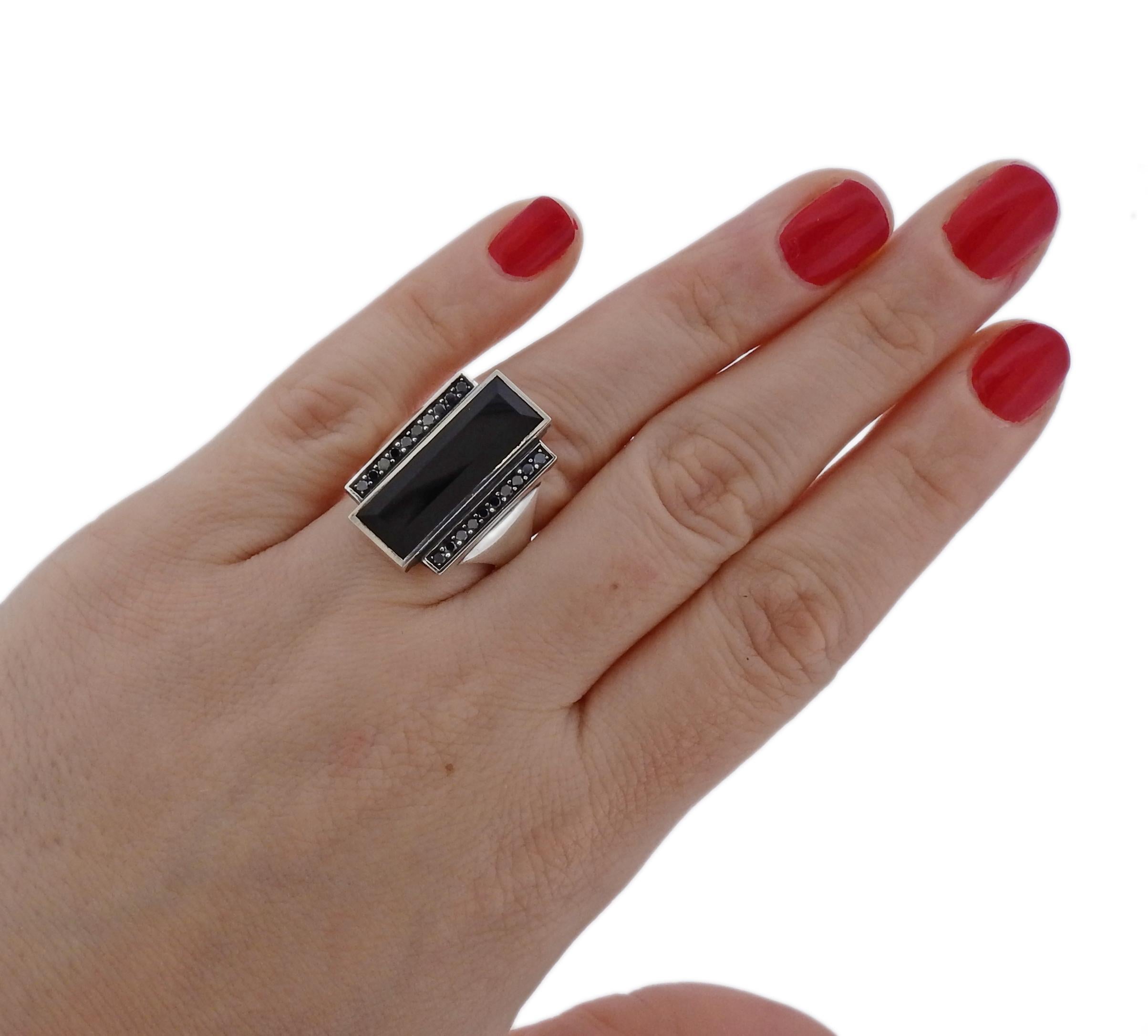 Georg Jensen Nocturne Black Diamond Onyx Sterling Silver Ring In Excellent Condition For Sale In Lambertville, NJ