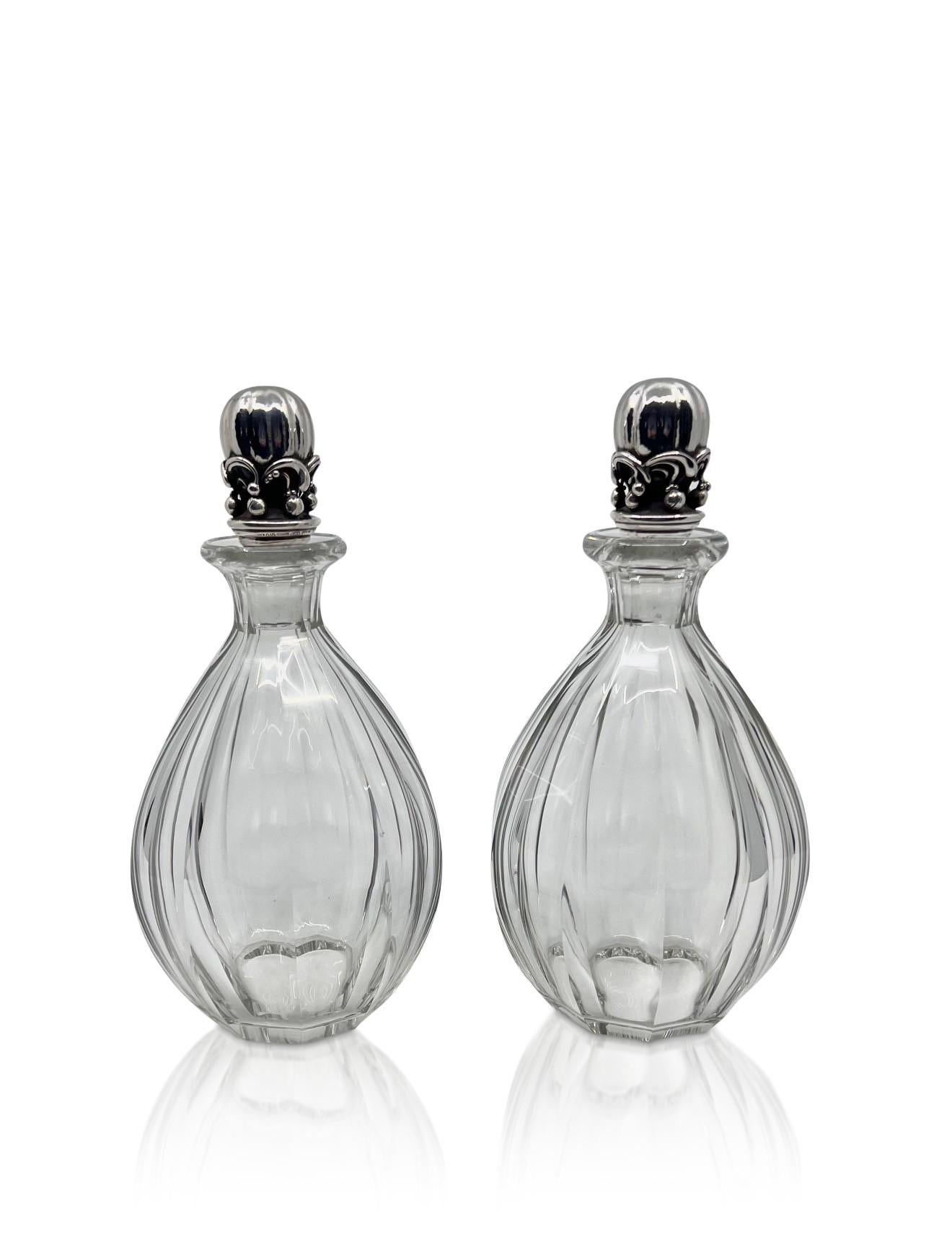 Hand-Crafted Georg Jensen Pair of Sterling Silver and Crystal Decanters #100 For Sale