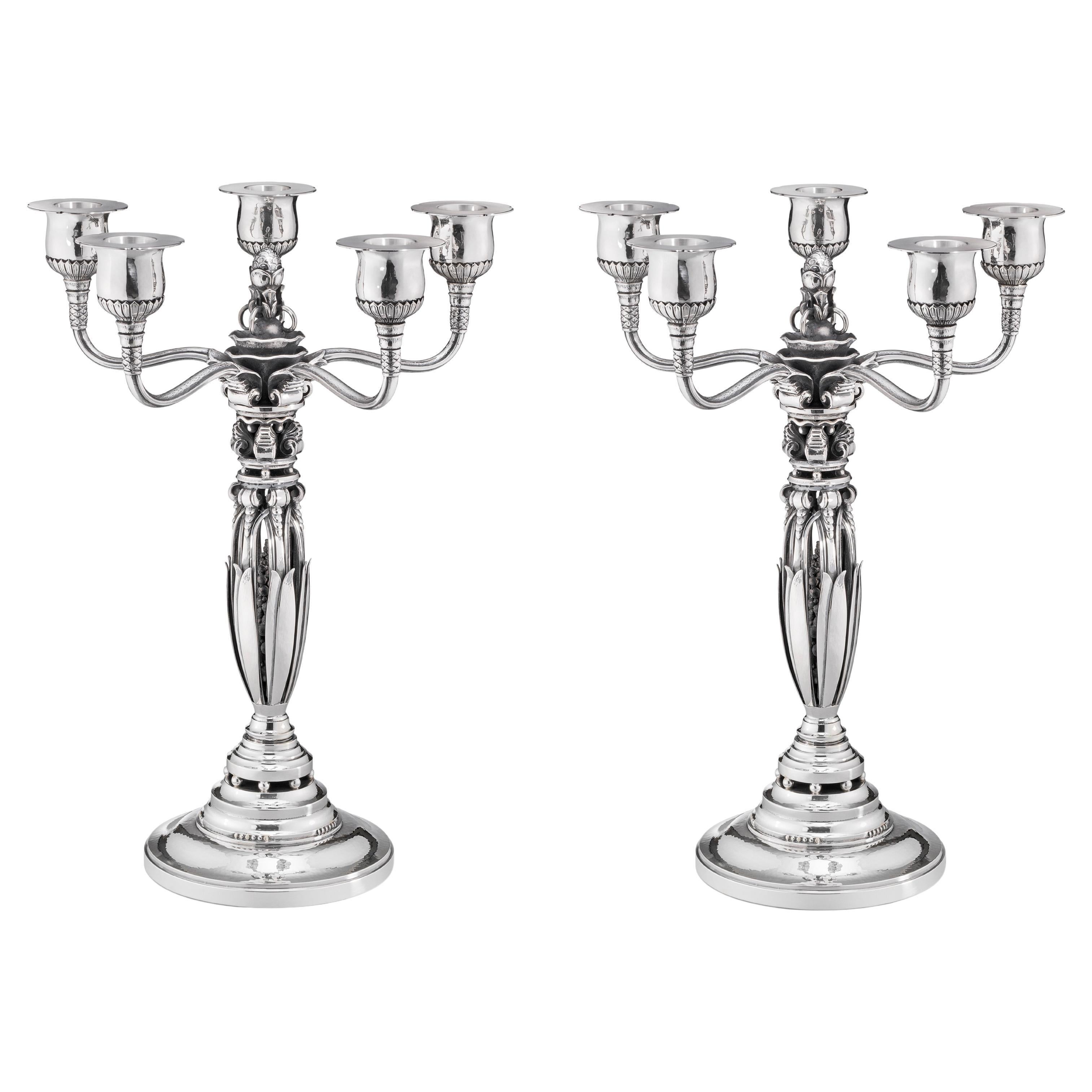 Georg Jensen Pair of Sterling Silver Five-Light Candelabra #481b by Johan Rohde