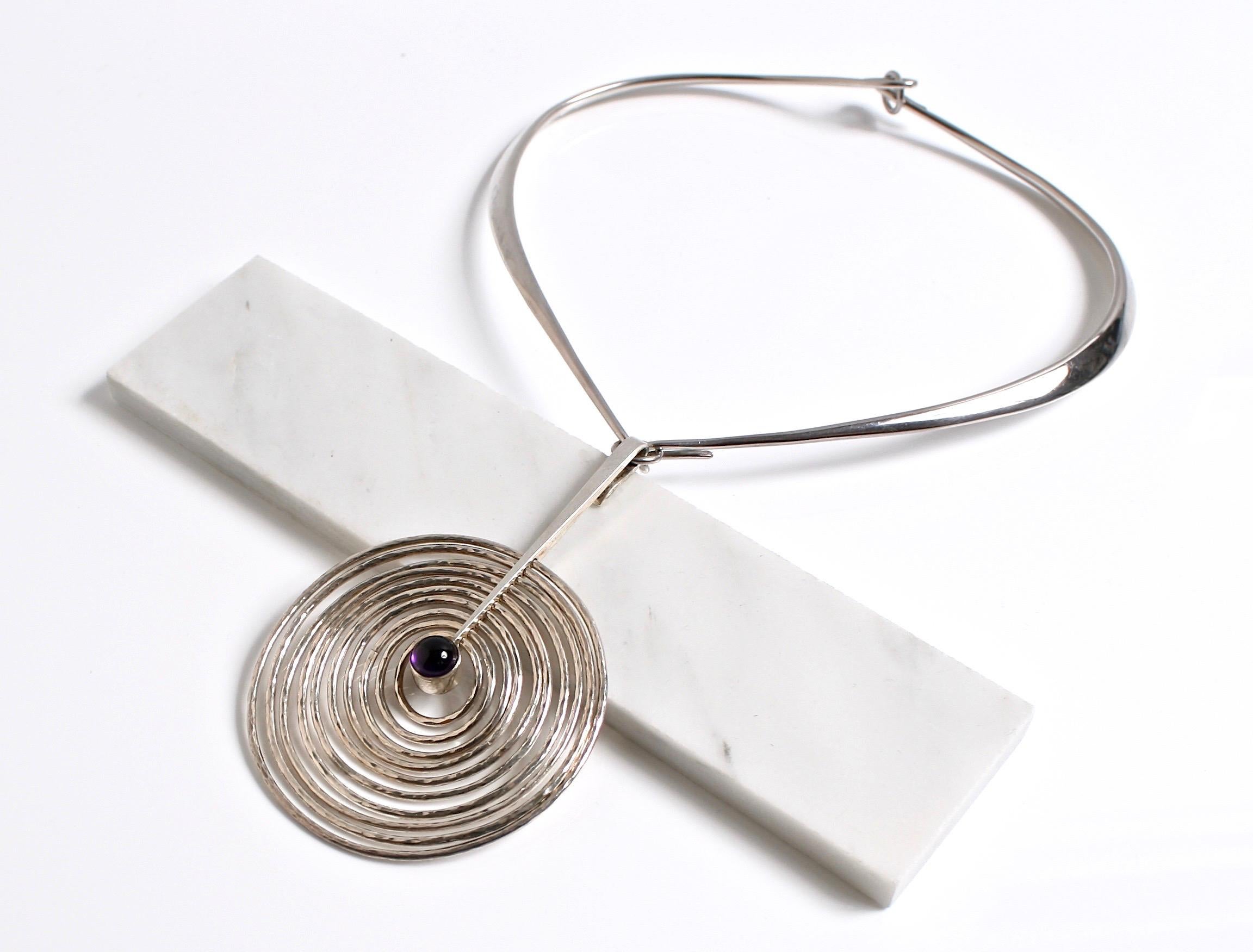 Cabochon Georg Jensen pendant & neckring designed by Bent Gabrielsen Denmark For Sale