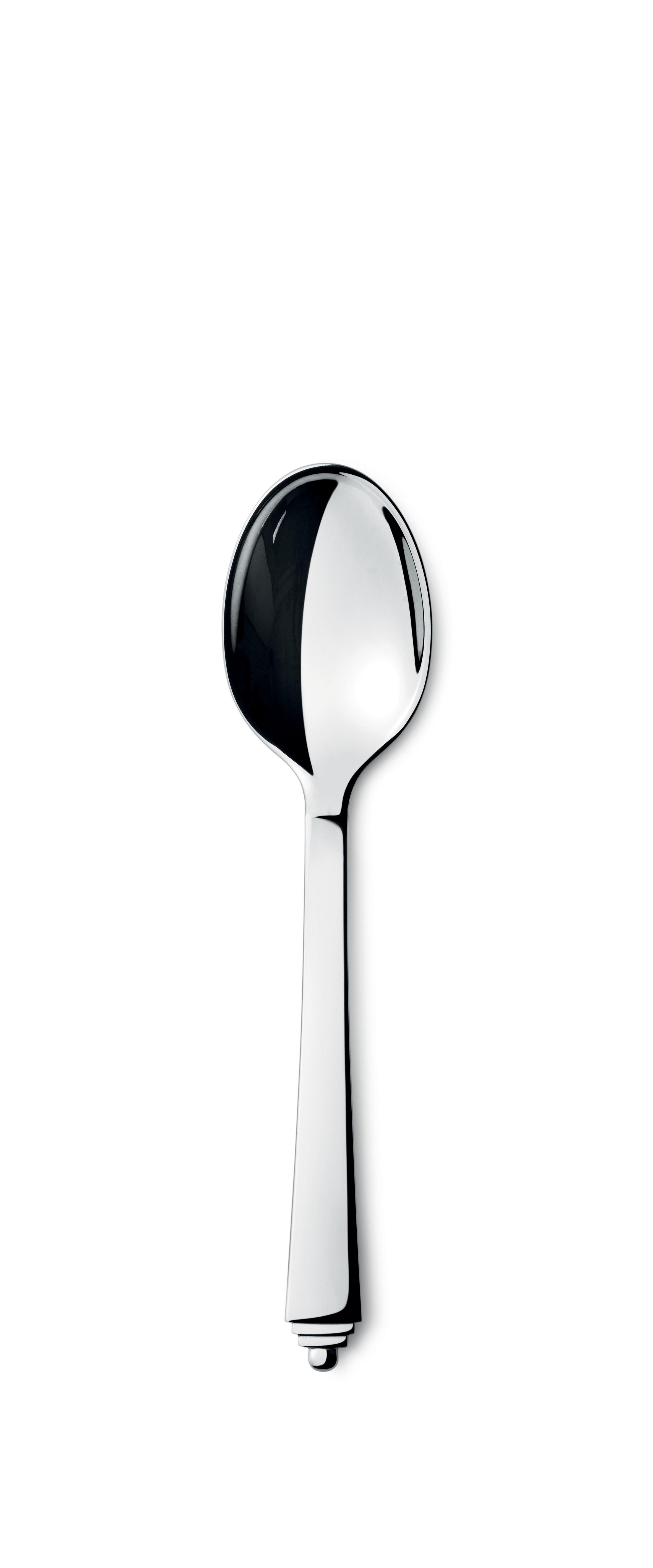 Stainless steel dessert spoon with mirror finish.